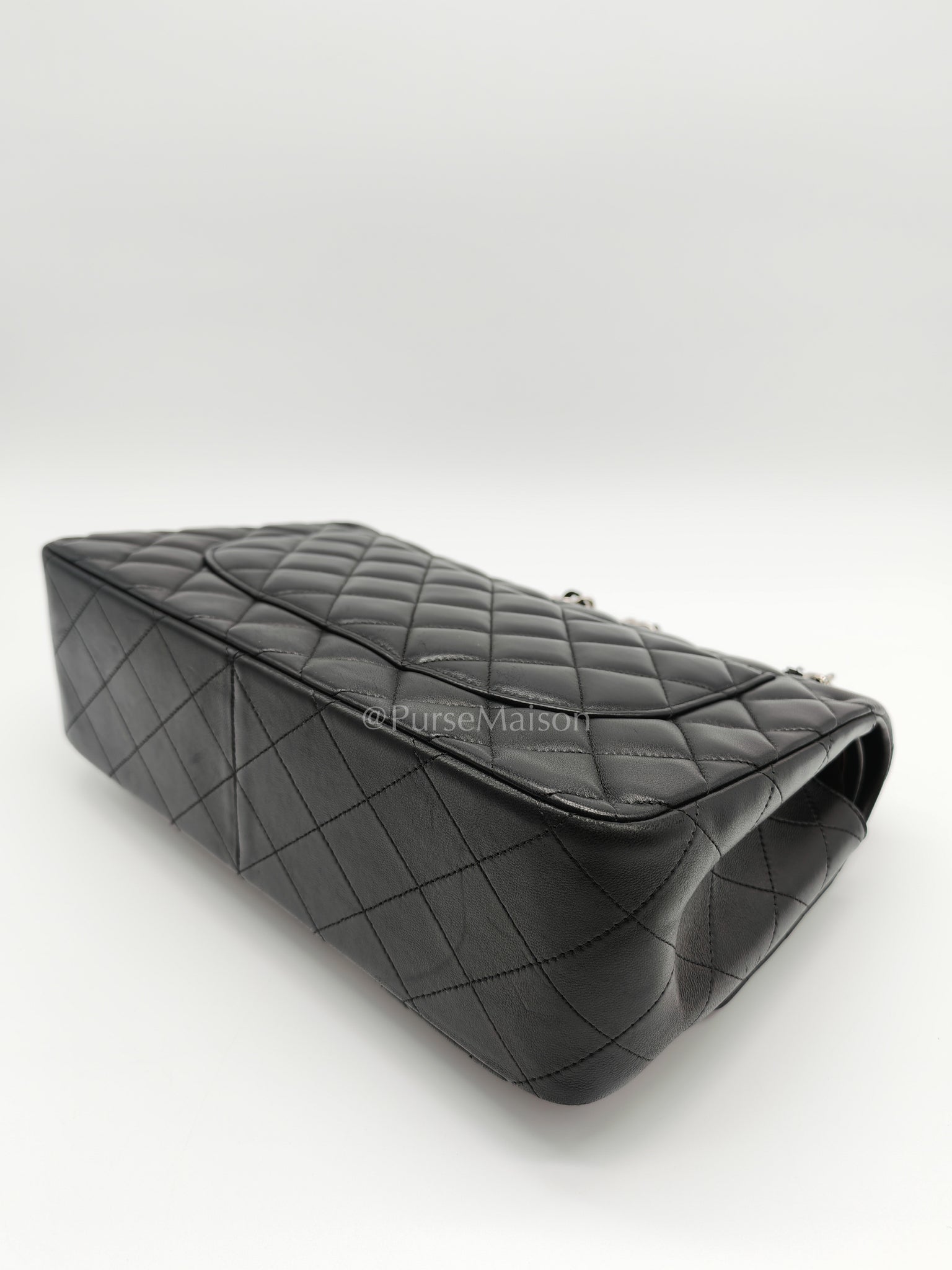 Classic Double Flap Jumbo Black Lambskin Leather in Silver Hardware (Series 15) | Purse Maison Luxury Bags Shop