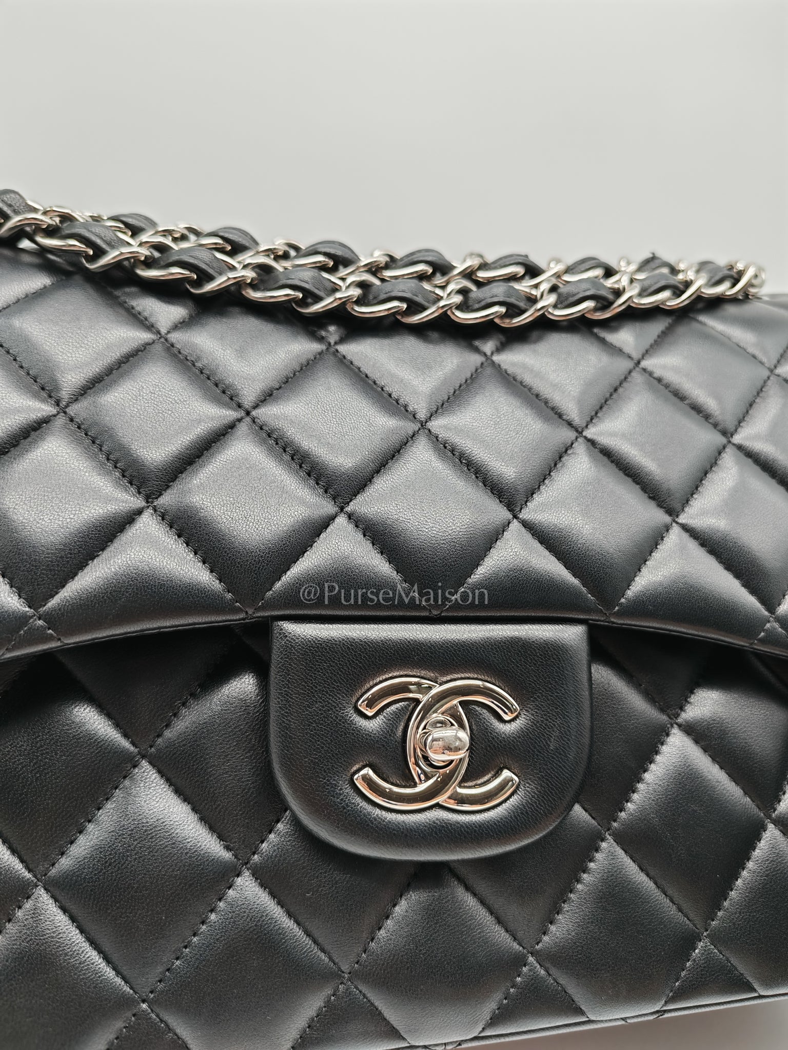 Classic Double Flap Jumbo Black Lambskin Leather in Silver Hardware (Series 15) | Purse Maison Luxury Bags Shop