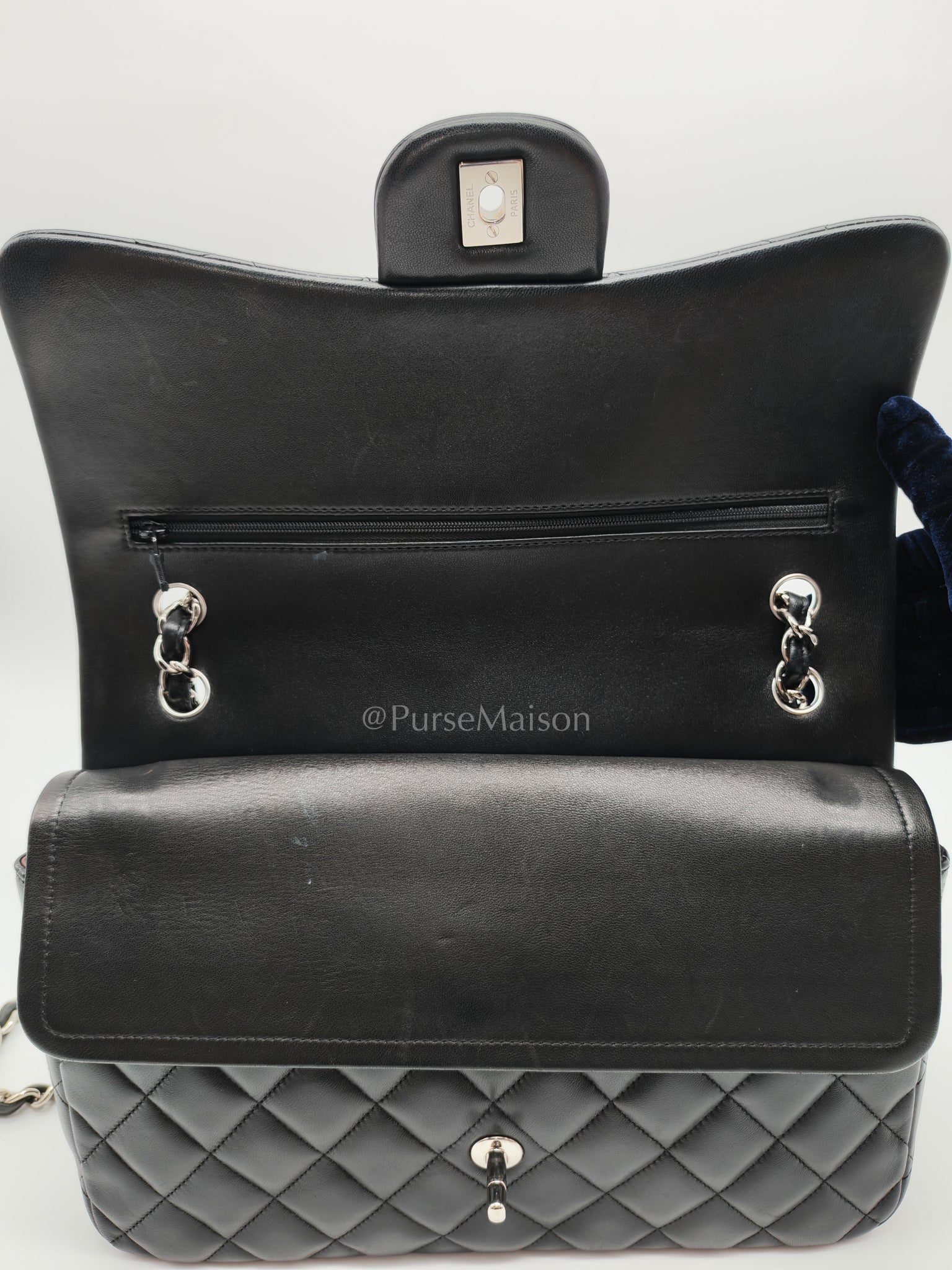 Classic Double Flap Jumbo Black Lambskin Leather in Silver Hardware (Series 15) | Purse Maison Luxury Bags Shop