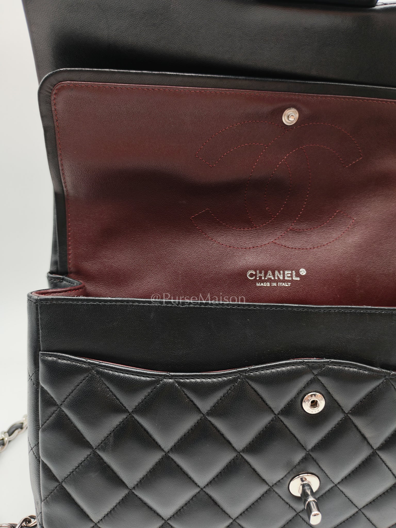 Classic Double Flap Jumbo Black Lambskin Leather in Silver Hardware (Series 15) | Purse Maison Luxury Bags Shop