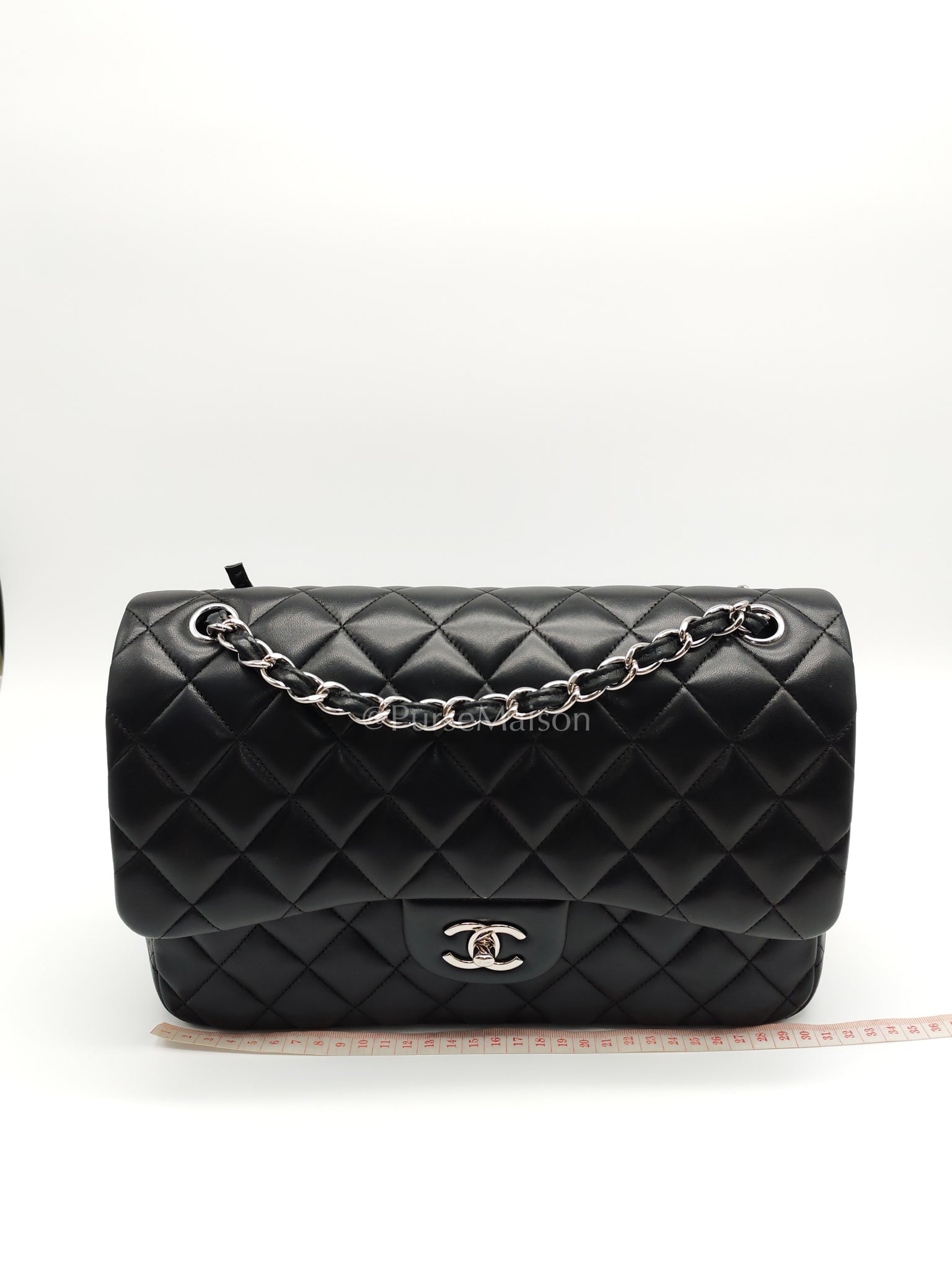 Classic Double Flap Jumbo Black Lambskin Leather in Silver Hardware (Series 15) | Purse Maison Luxury Bags Shop