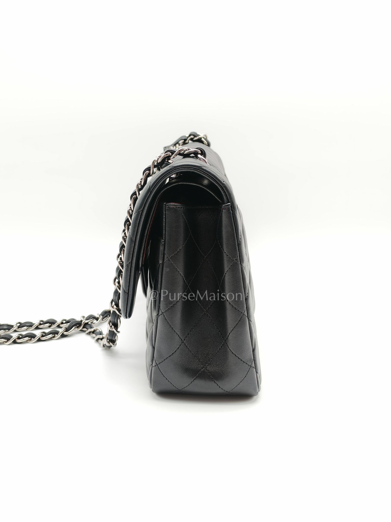 Classic Double Flap Jumbo Black Lambskin Leather in Silver Hardware (Series 15) | Purse Maison Luxury Bags Shop