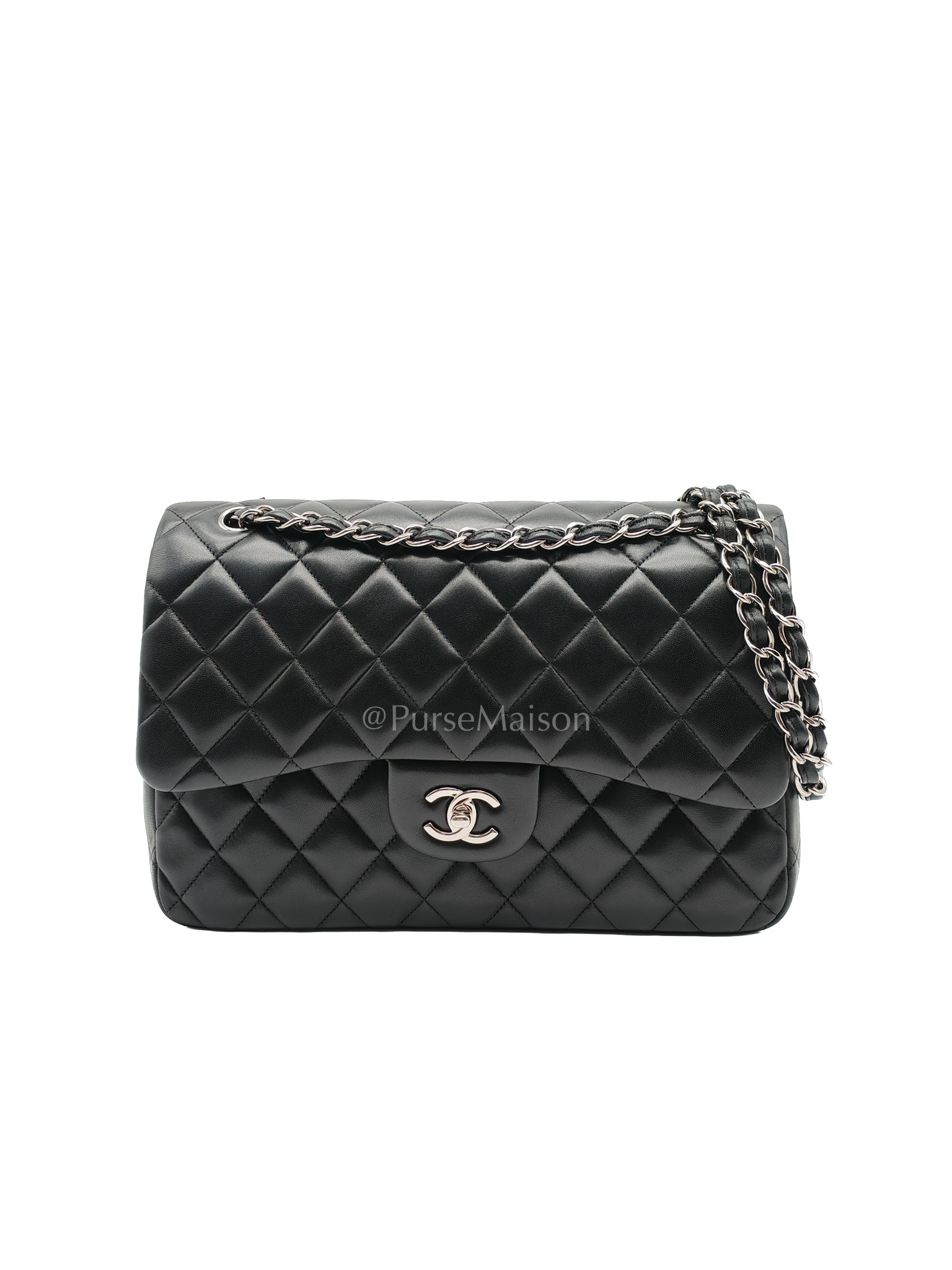 Classic Double Flap Jumbo Black Lambskin Leather in Silver Hardware (Series 15) | Purse Maison Luxury Bags Shop