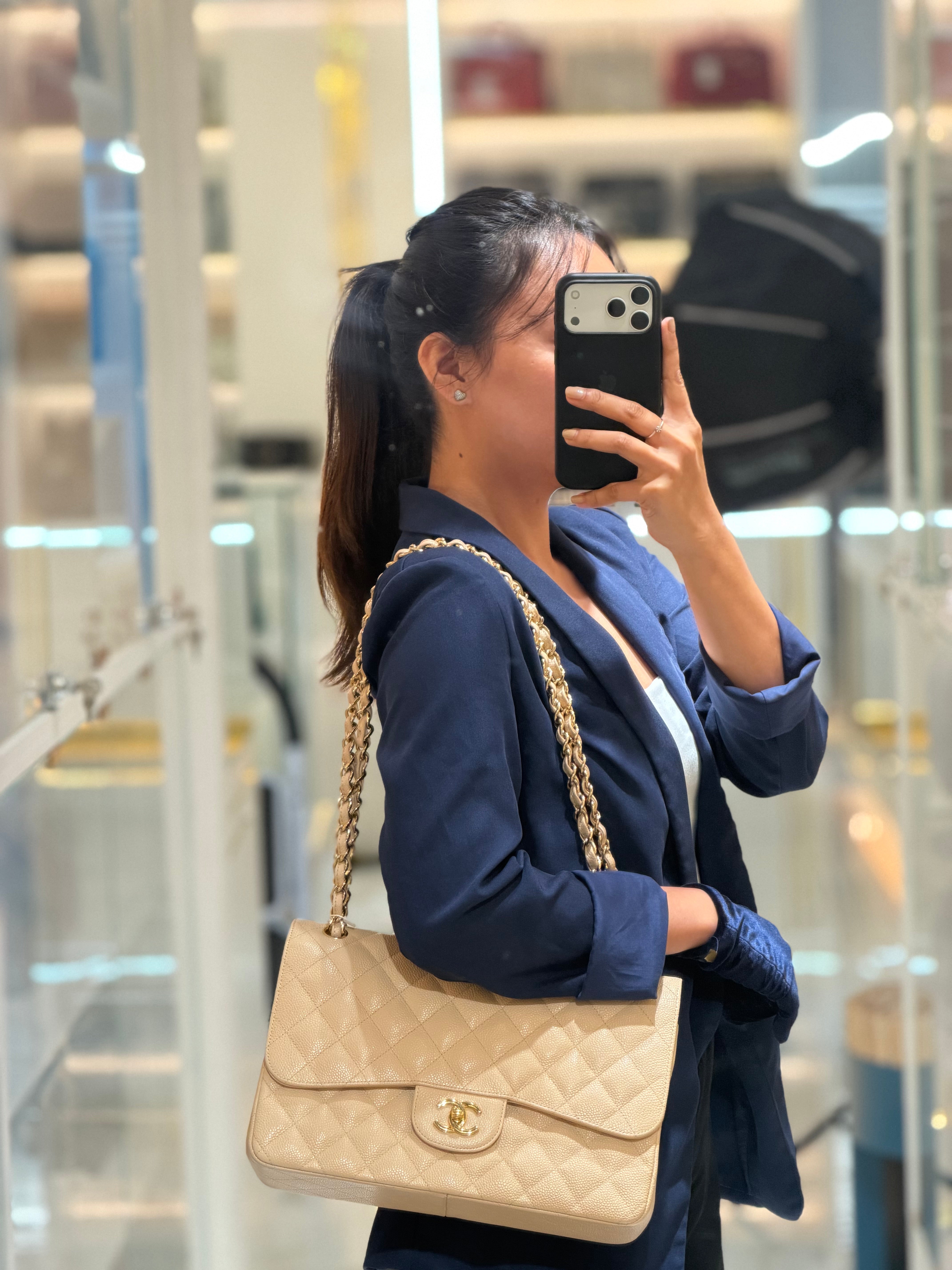 Classic Double Flap Jumbo in Beige Clair Quilted Caviar Leather & Gold Hardware Series 18 | Purse Maison Luxury Bags Shop