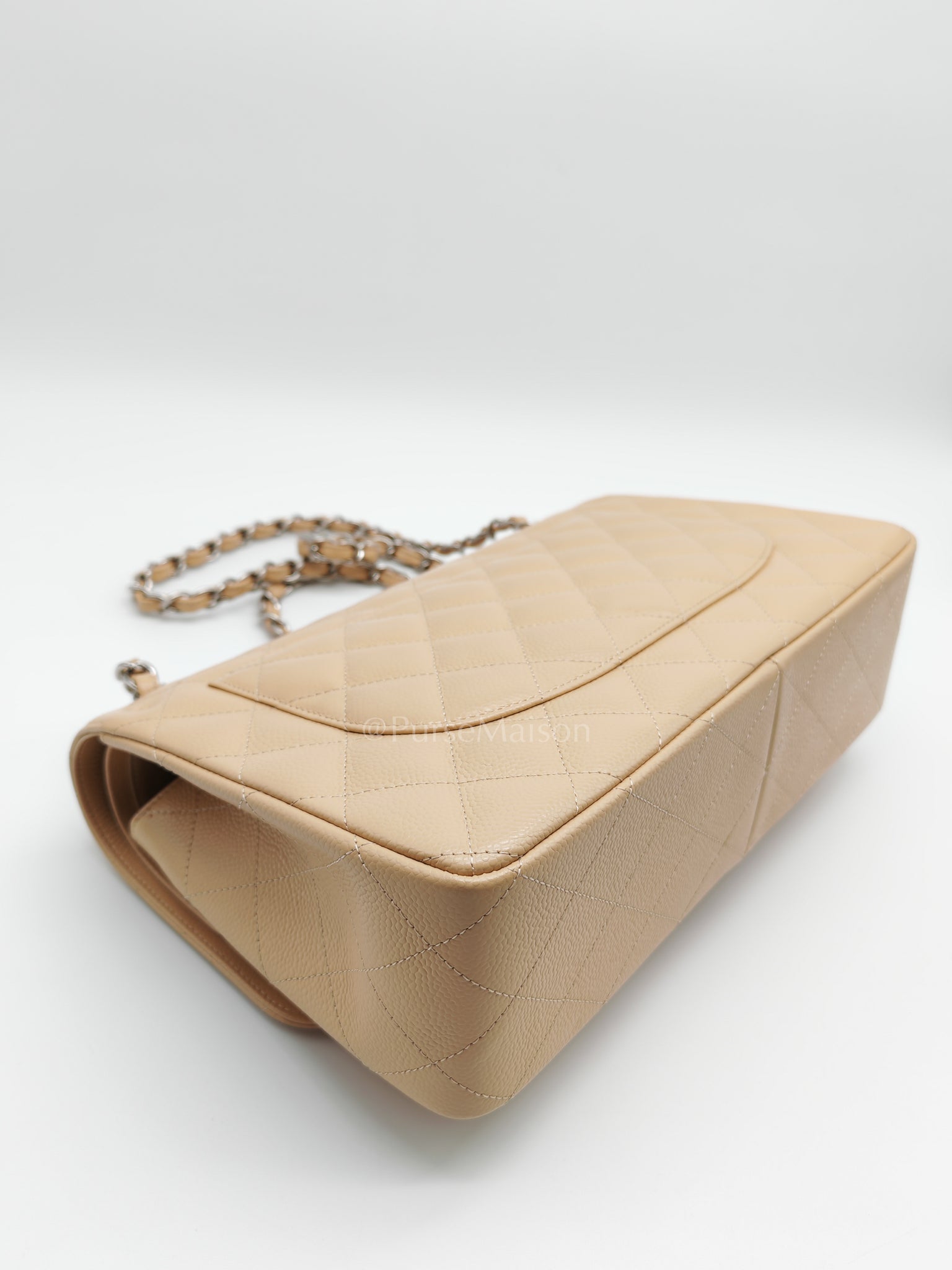 Classic Double Flap Jumbo in Beige Claire Caviar Calfskin Leather and Silver Hardware 16 | Purse Maison Luxury Bags Shop