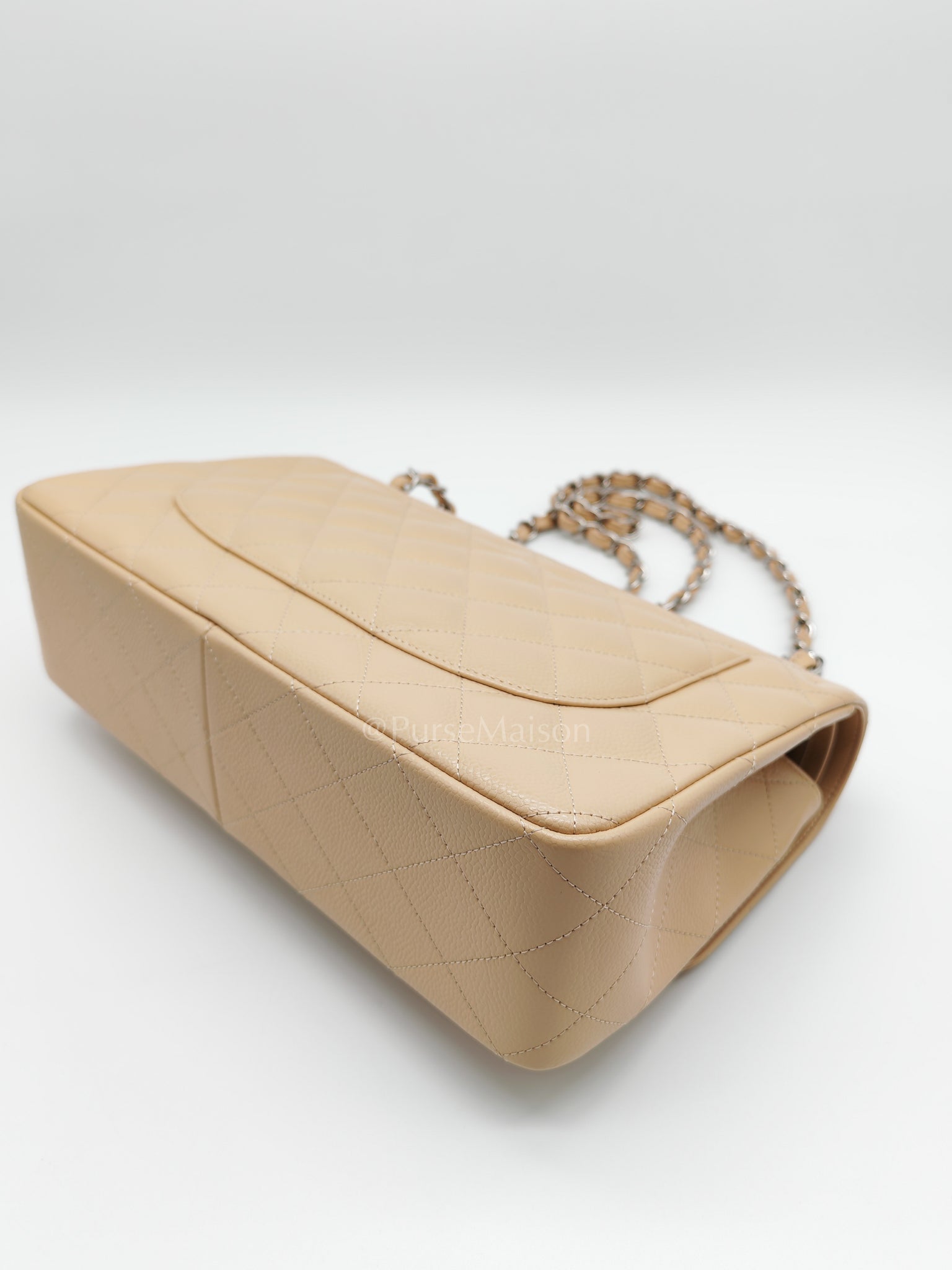 Classic Double Flap Jumbo in Beige Claire Caviar Calfskin Leather and Silver Hardware 16 | Purse Maison Luxury Bags Shop