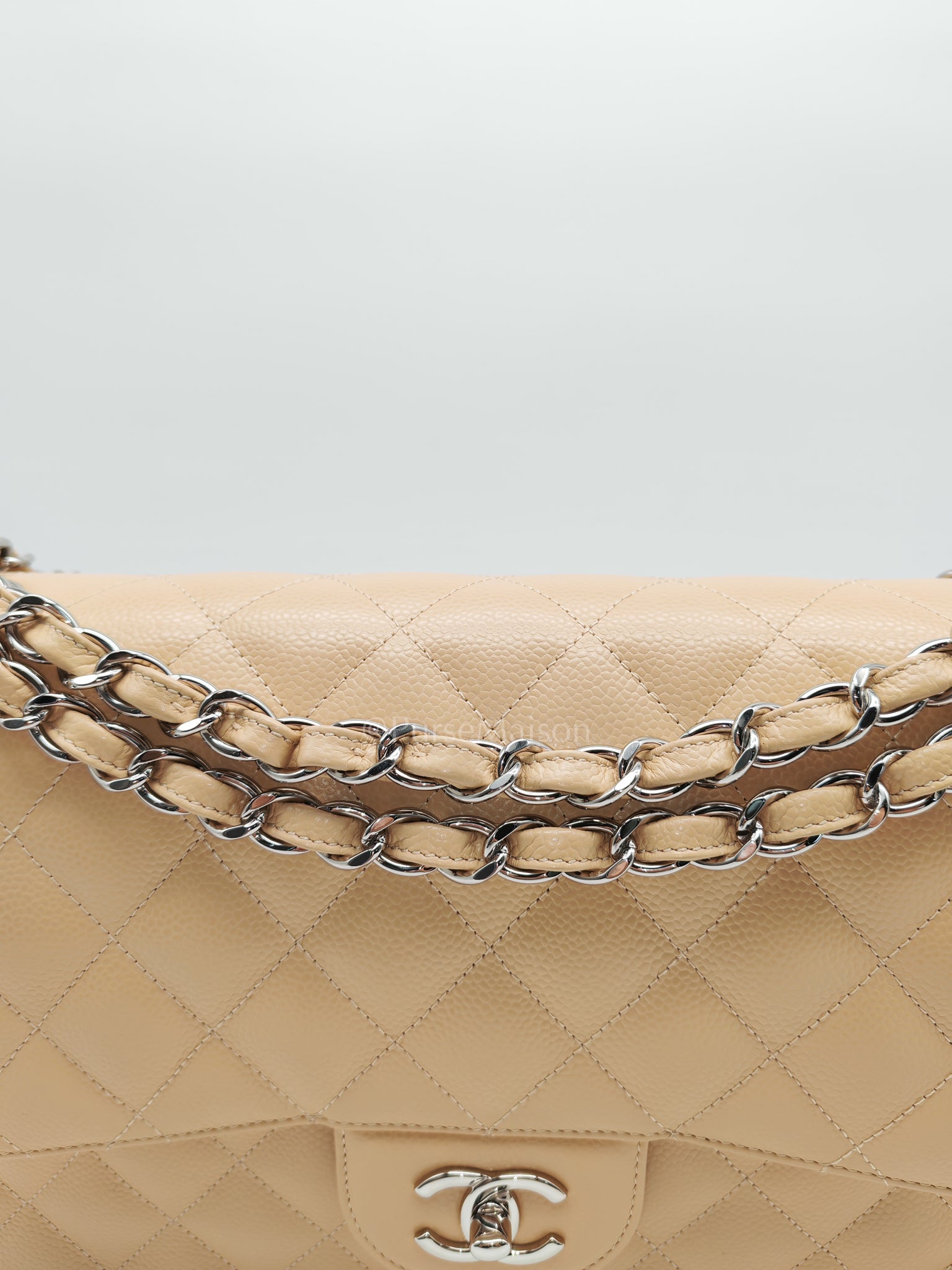 Classic Double Flap Jumbo in Beige Claire Caviar Calfskin Leather and Silver Hardware 16 | Purse Maison Luxury Bags Shop