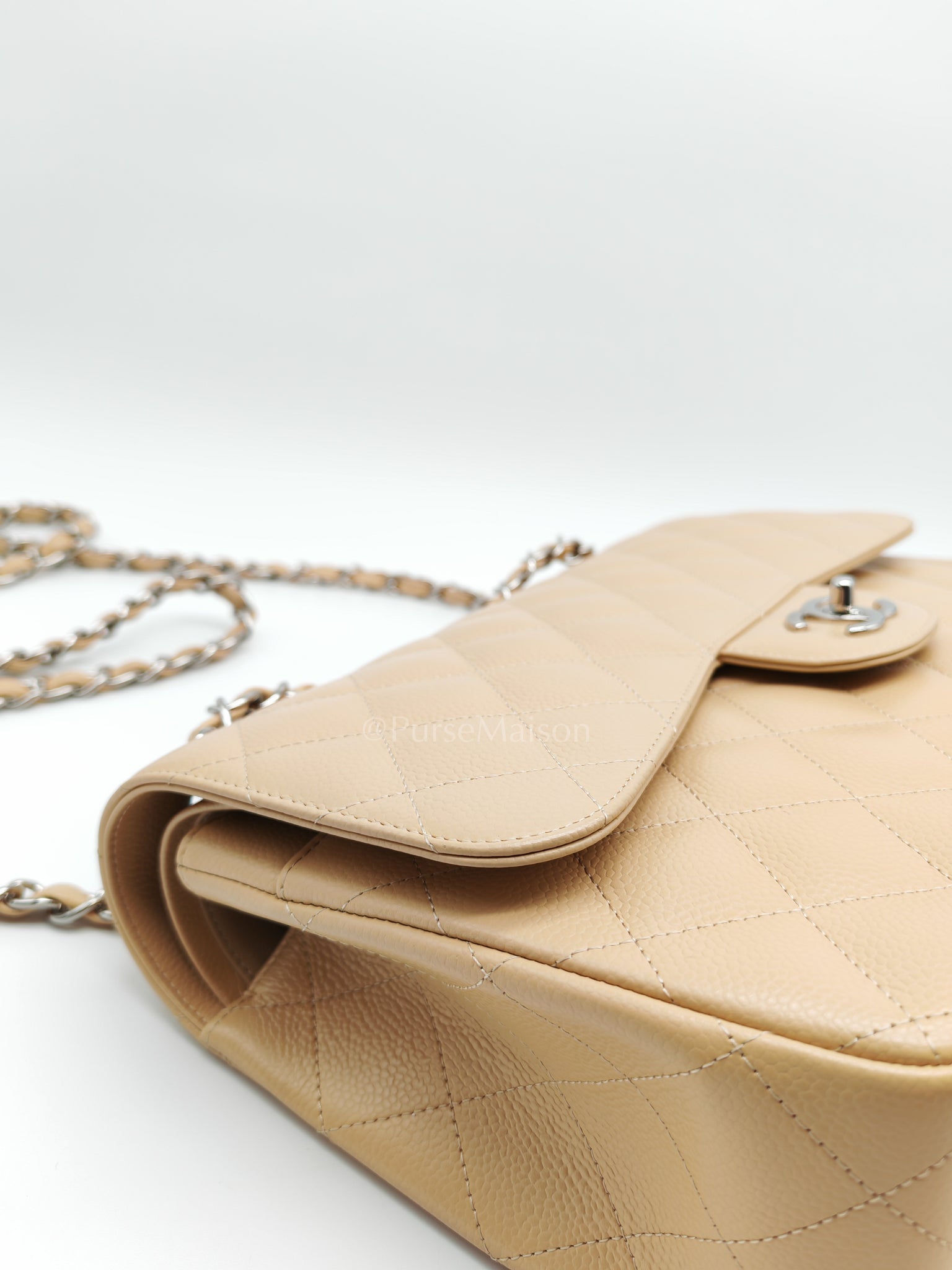 Classic Double Flap Jumbo in Beige Claire Caviar Calfskin Leather and Silver Hardware 16 | Purse Maison Luxury Bags Shop