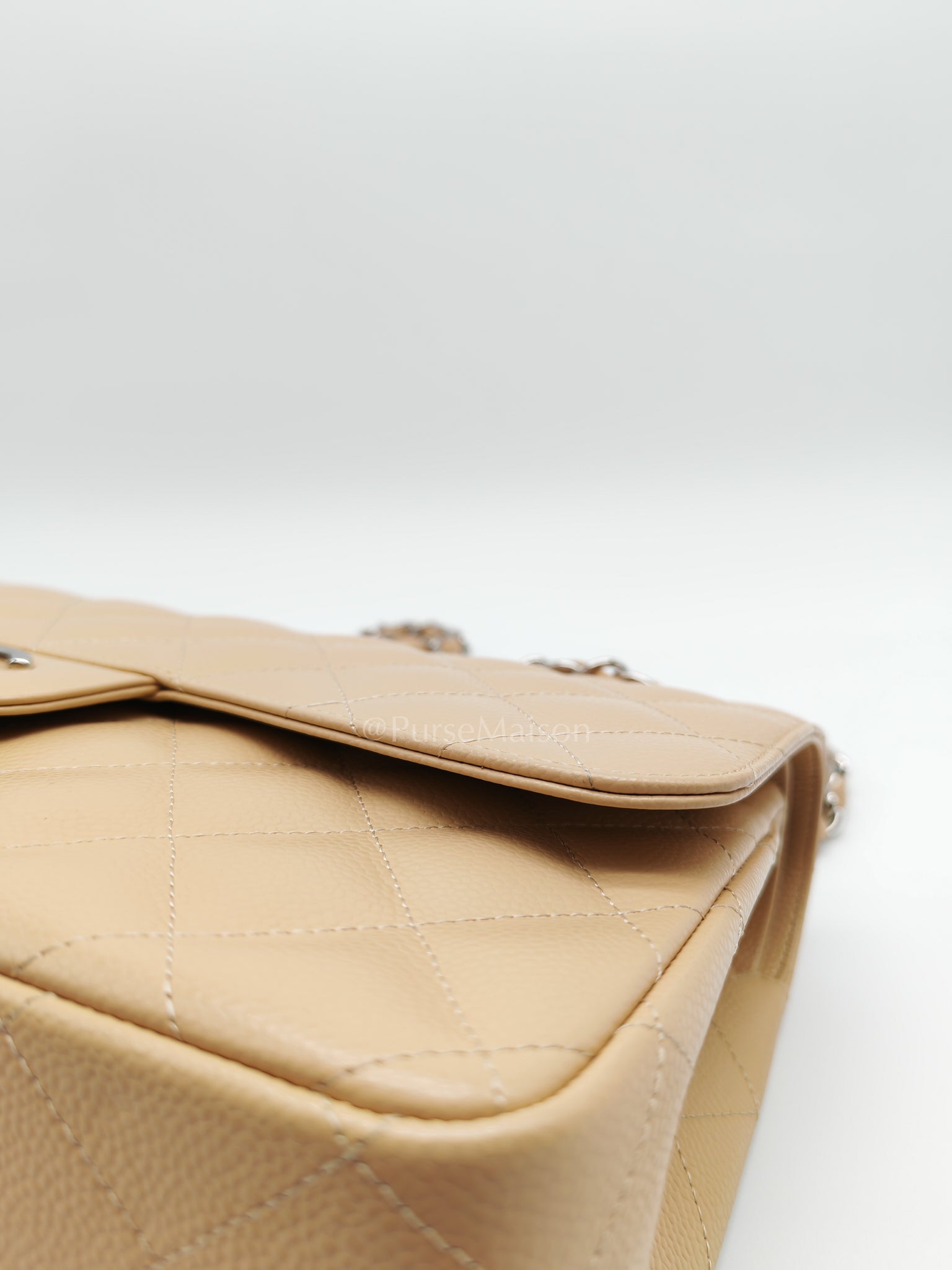 Classic Double Flap Jumbo in Beige Claire Caviar Calfskin Leather and Silver Hardware 16 | Purse Maison Luxury Bags Shop