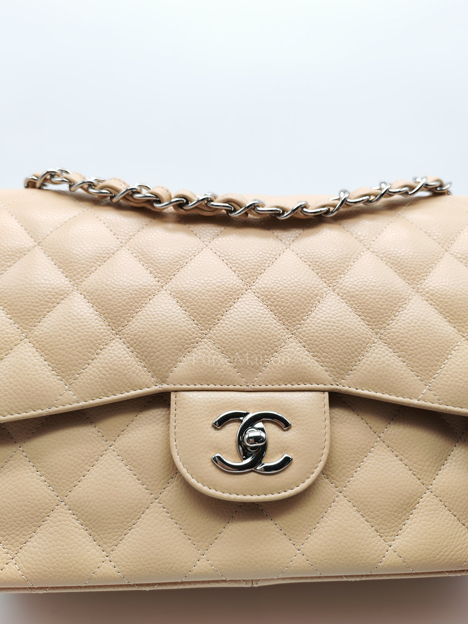 Classic Double Flap Jumbo in Beige Claire Caviar Calfskin Leather and Silver Hardware 16 | Purse Maison Luxury Bags Shop