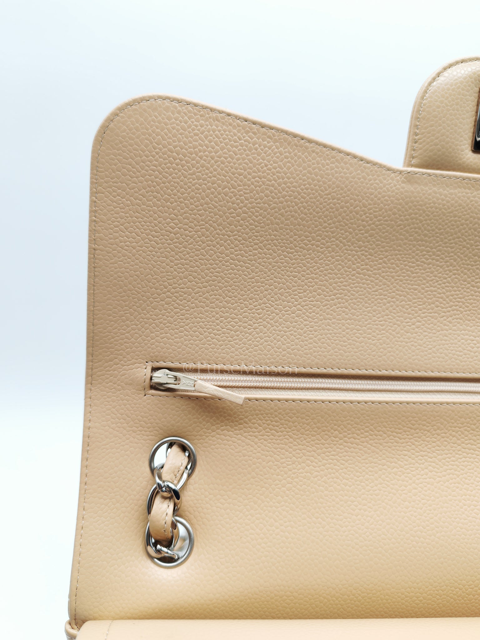 Classic Double Flap Jumbo in Beige Claire Caviar Calfskin Leather and Silver Hardware 16 | Purse Maison Luxury Bags Shop