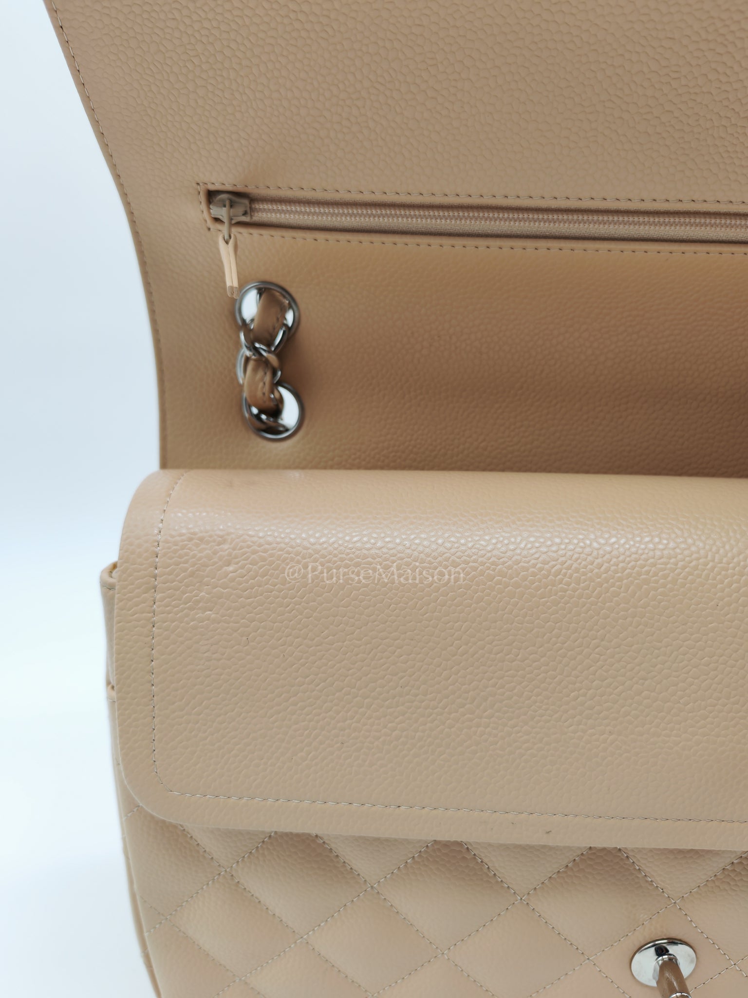 Classic Double Flap Jumbo in Beige Claire Caviar Calfskin Leather and Silver Hardware 16 | Purse Maison Luxury Bags Shop