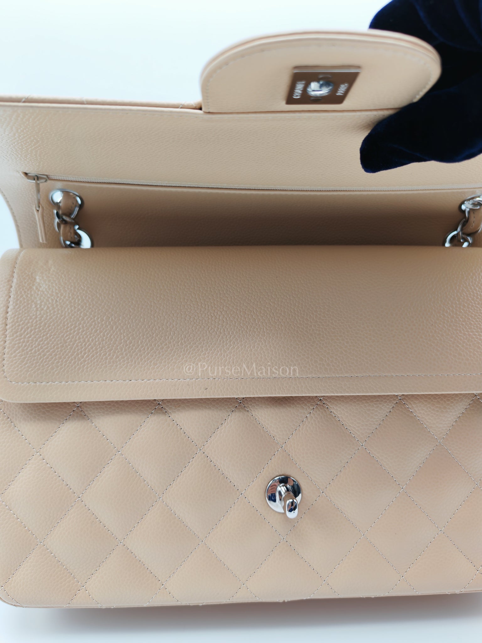 Classic Double Flap Jumbo in Beige Claire Caviar Calfskin Leather and Silver Hardware 16 | Purse Maison Luxury Bags Shop