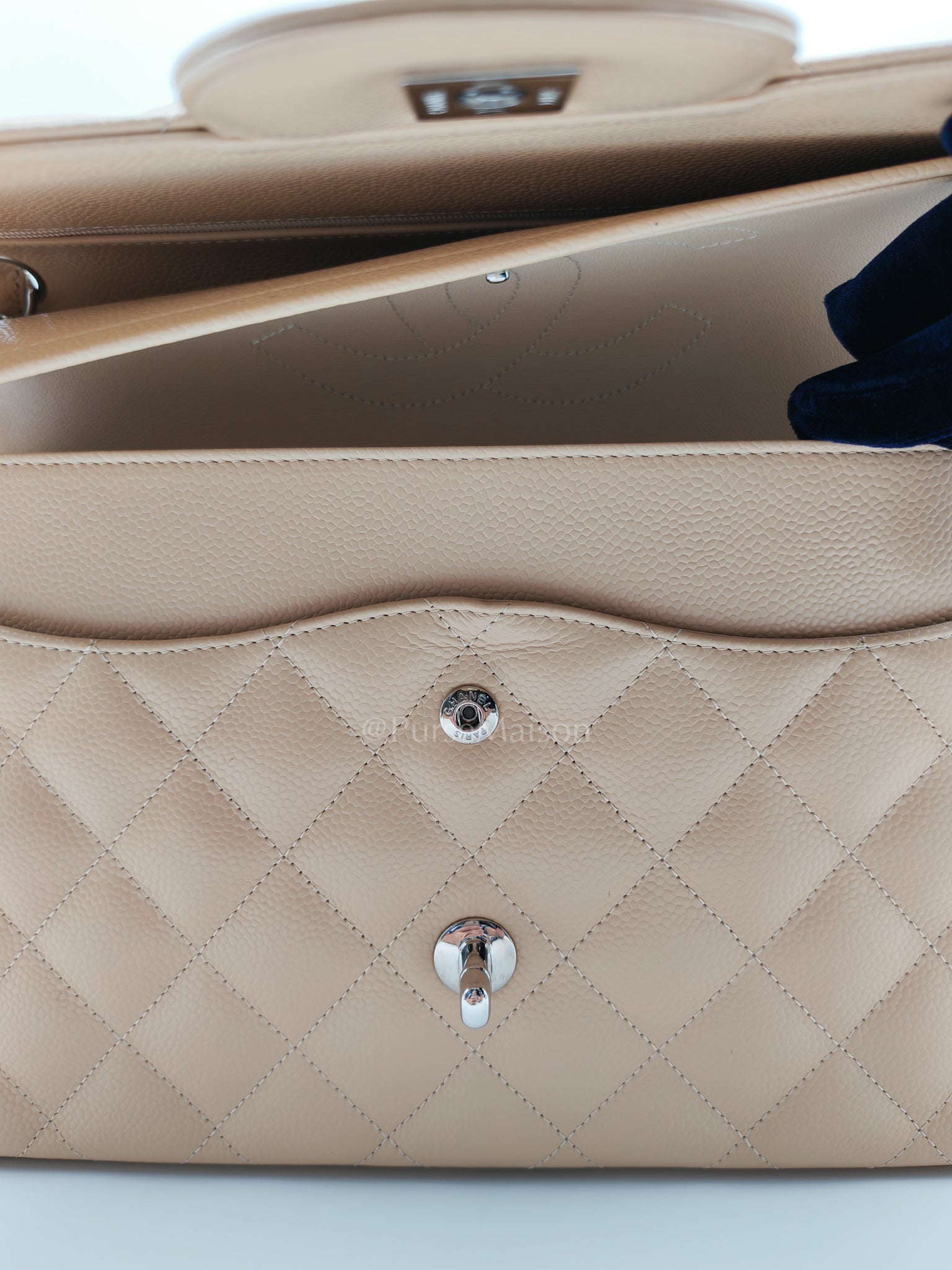 Classic Double Flap Jumbo in Beige Claire Caviar Calfskin Leather and Silver Hardware 16 | Purse Maison Luxury Bags Shop