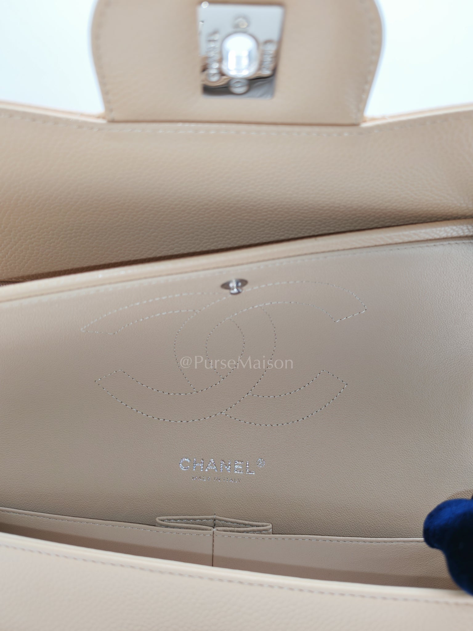 Classic Double Flap Jumbo in Beige Claire Caviar Calfskin Leather and Silver Hardware 16 | Purse Maison Luxury Bags Shop