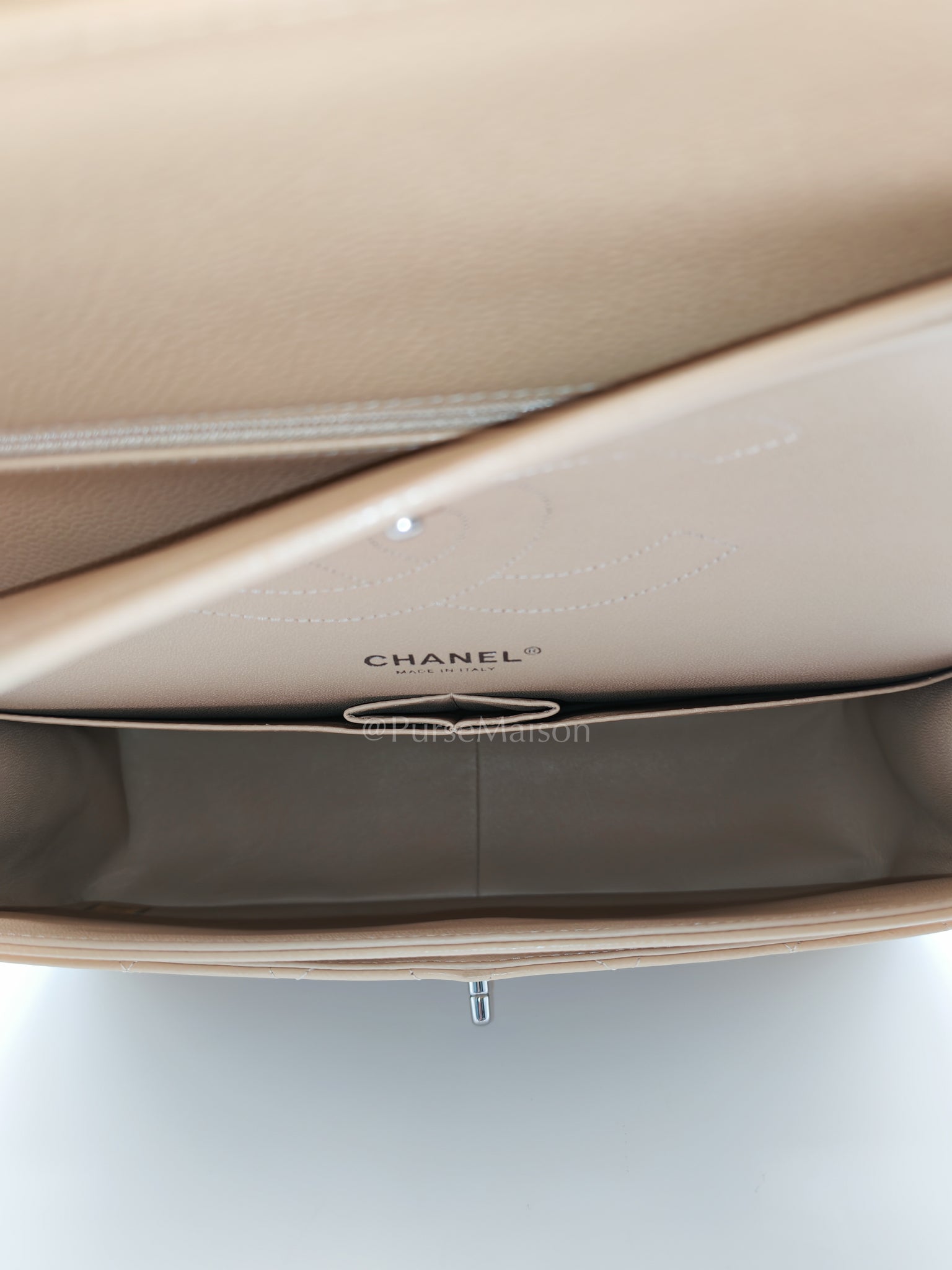 Classic Double Flap Jumbo in Beige Claire Caviar Calfskin Leather and Silver Hardware 16 | Purse Maison Luxury Bags Shop