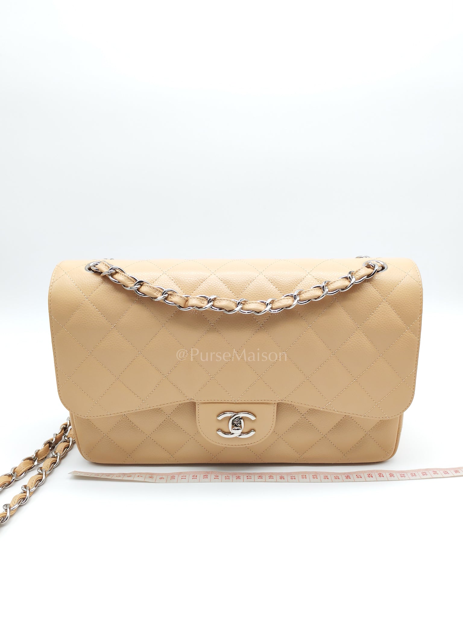 Classic Double Flap Jumbo in Beige Claire Caviar Calfskin Leather and Silver Hardware 16 | Purse Maison Luxury Bags Shop