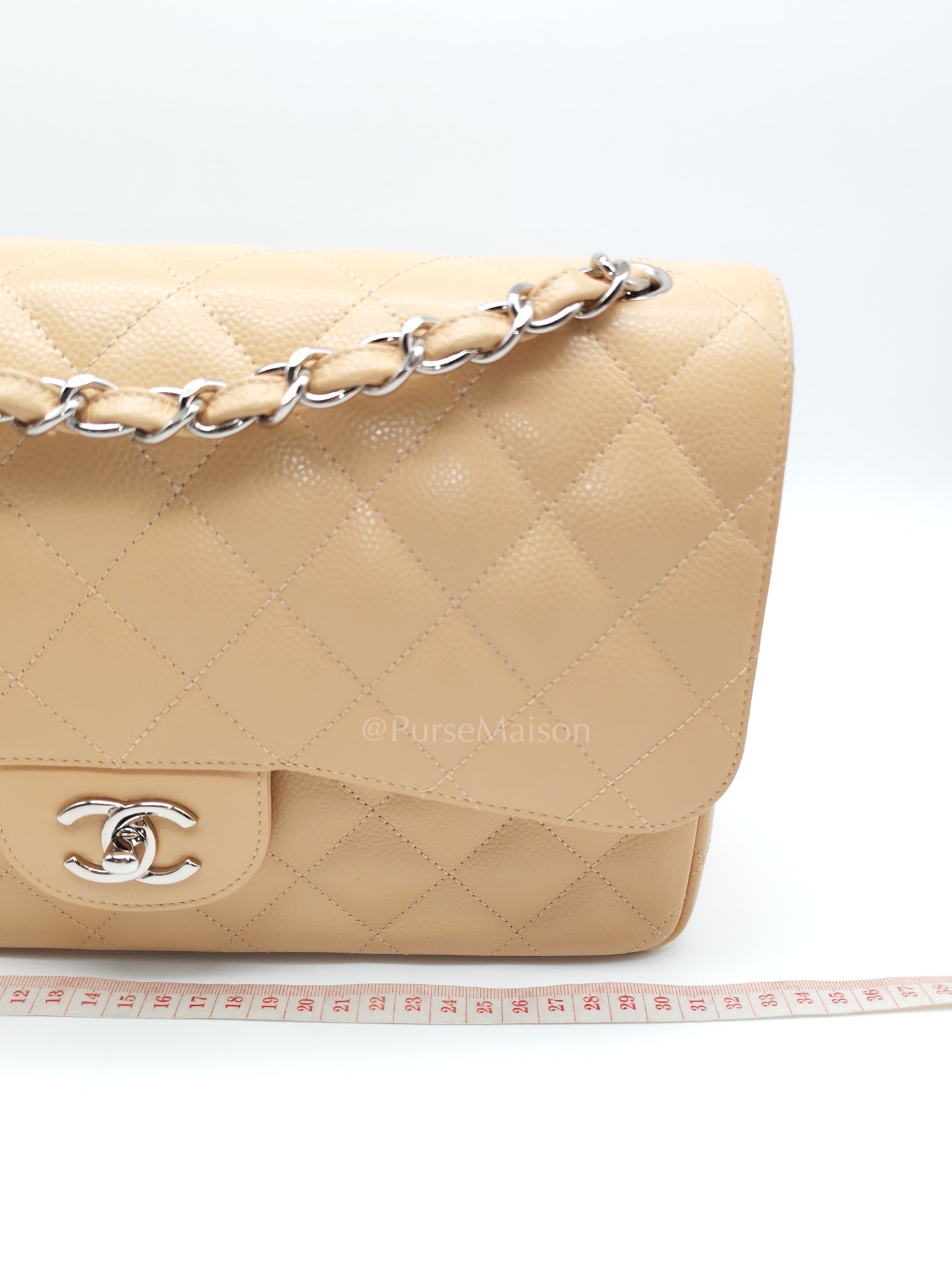 Classic Double Flap Jumbo in Beige Claire Caviar Calfskin Leather and Silver Hardware 16 | Purse Maison Luxury Bags Shop