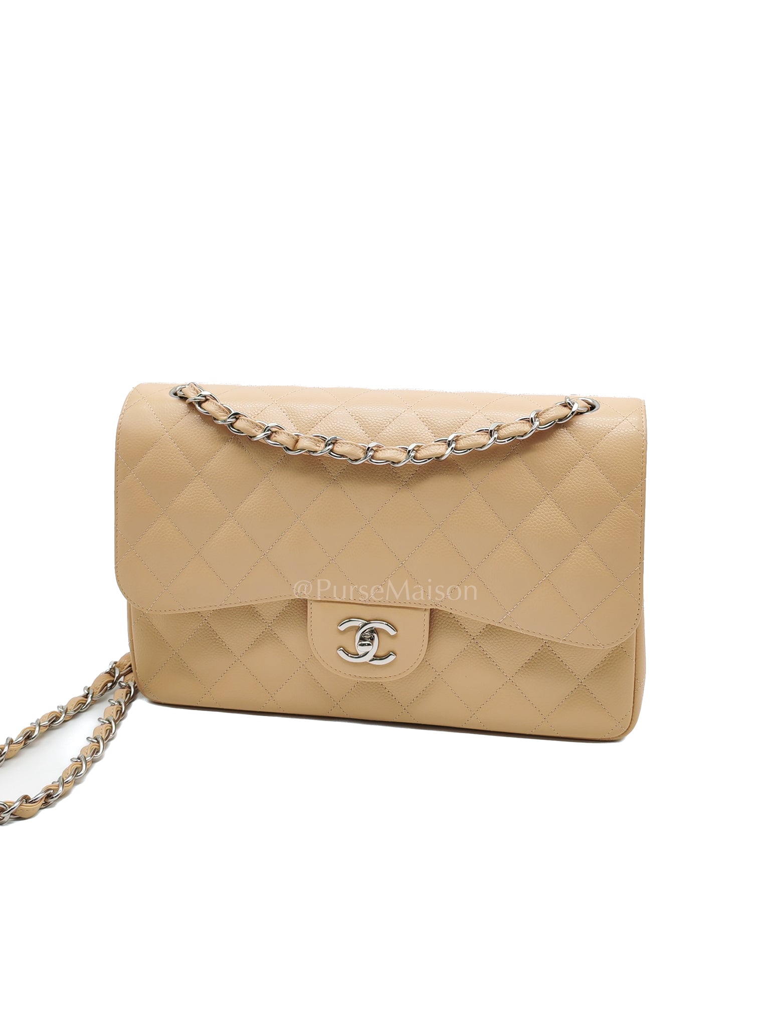 Classic Double Flap Jumbo in Beige Claire Caviar Calfskin Leather and Silver Hardware 16 | Purse Maison Luxury Bags Shop