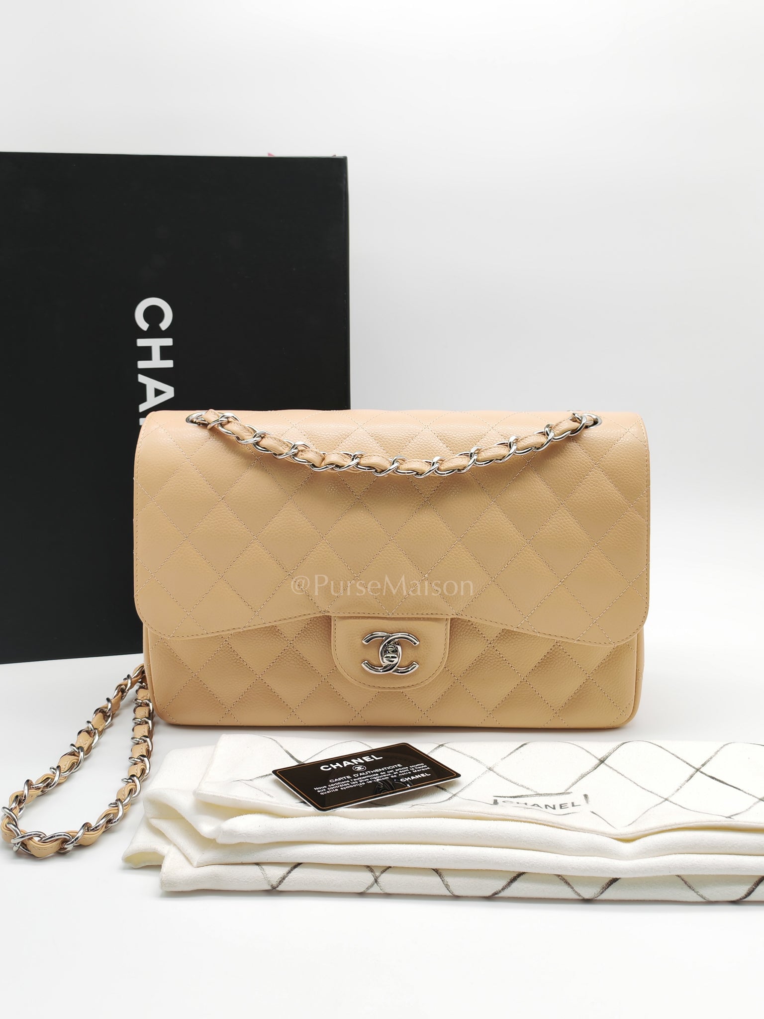 Classic Double Flap Jumbo in Beige Claire Caviar Calfskin Leather and Silver Hardware 16 | Purse Maison Luxury Bags Shop