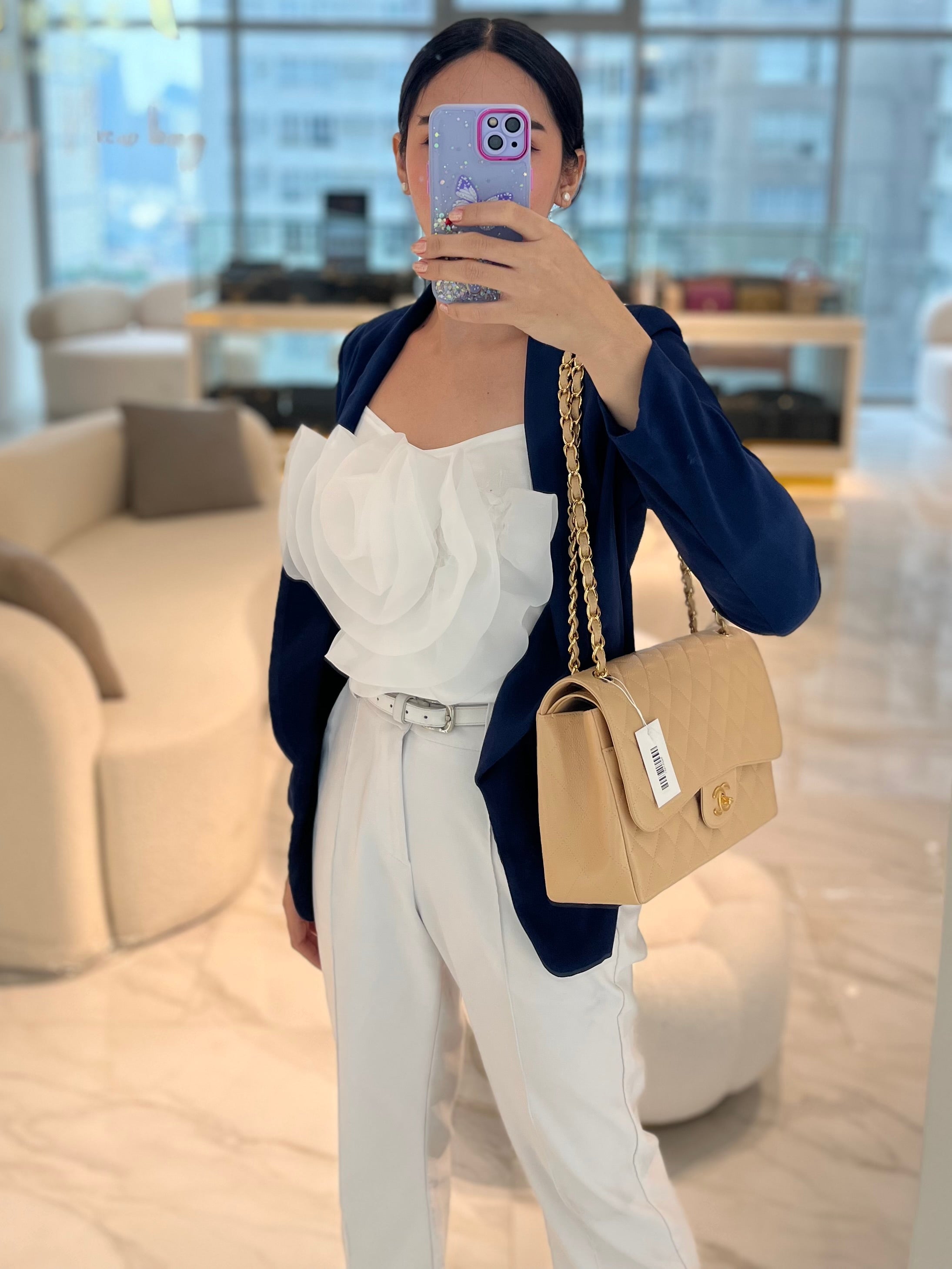 Classic Double Flap Jumbo in Beige Clair Caviar Leather and Gold Hardware (Microchip) | Purse Maison Luxury Bags Shop