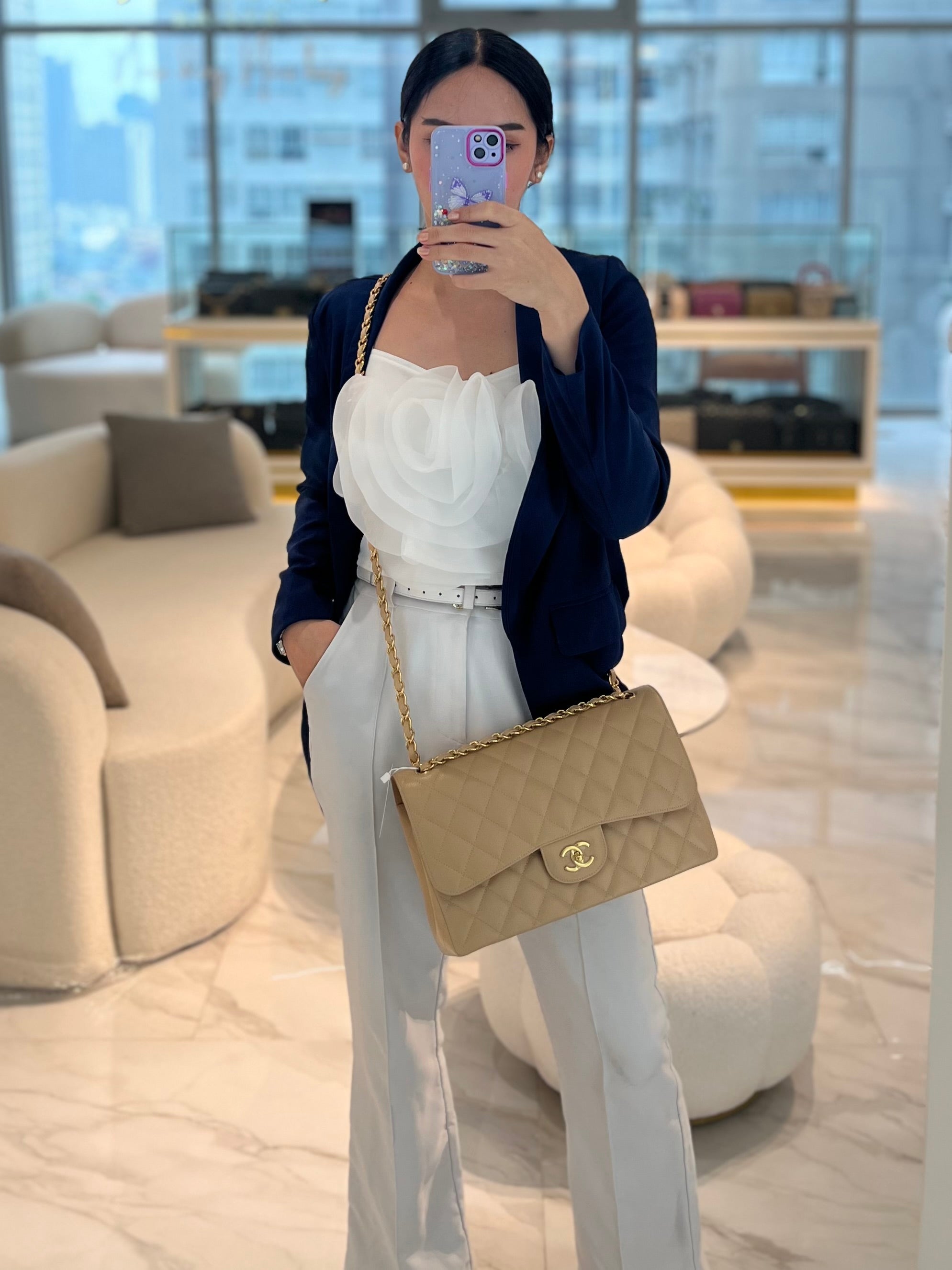 Classic Double Flap Jumbo in Beige Clair Caviar Leather and Gold Hardware (Microchip) | Purse Maison Luxury Bags Shop