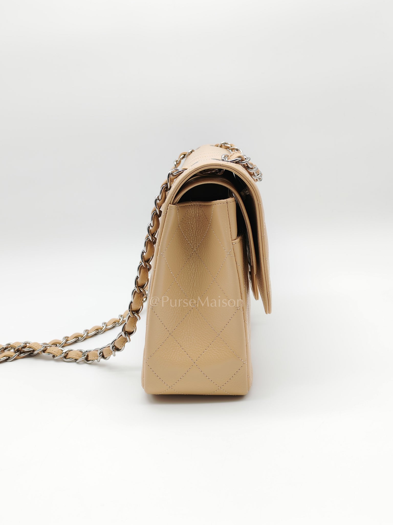 Classic Double Flap Jumbo in Beige Claire Caviar Calfskin Leather and Silver Hardware 16 | Purse Maison Luxury Bags Shop