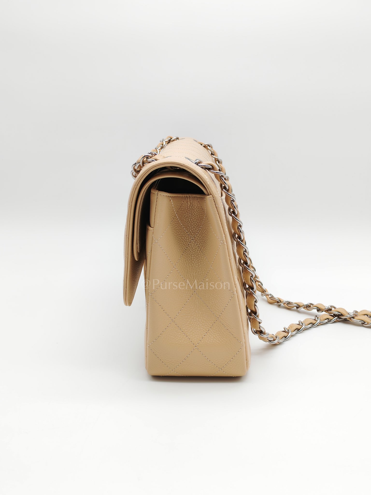 Classic Double Flap Jumbo in Beige Claire Caviar Calfskin Leather and Silver Hardware 16 | Purse Maison Luxury Bags Shop