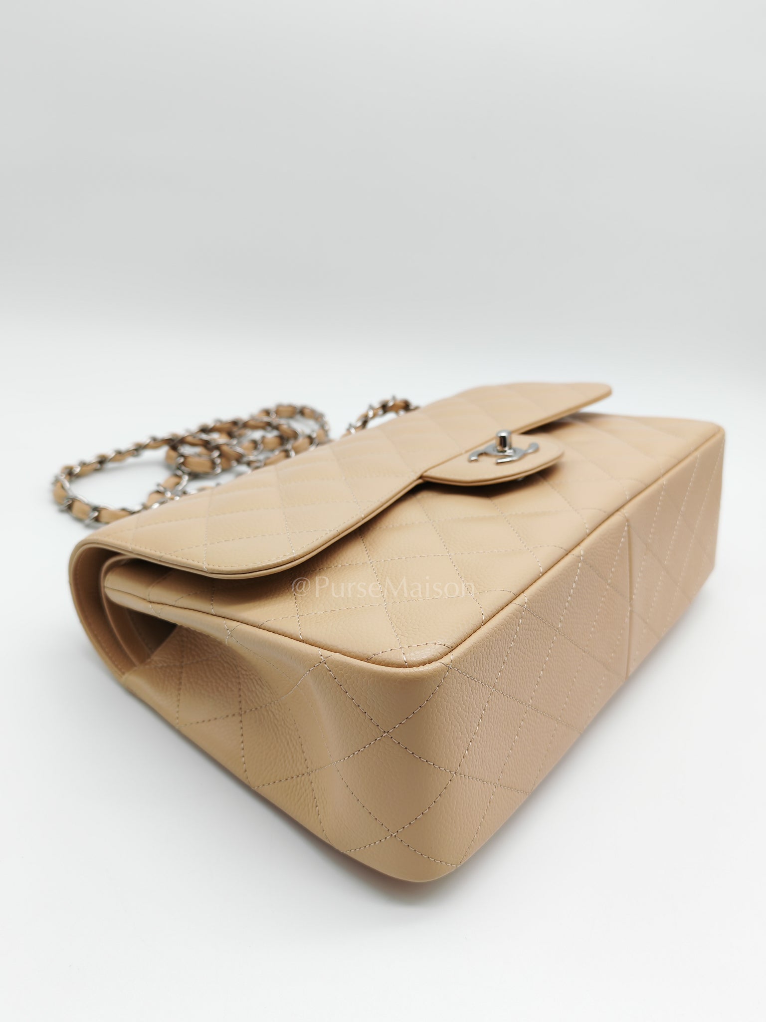 Classic Double Flap Jumbo in Beige Claire Caviar Calfskin Leather and Silver Hardware 16 | Purse Maison Luxury Bags Shop