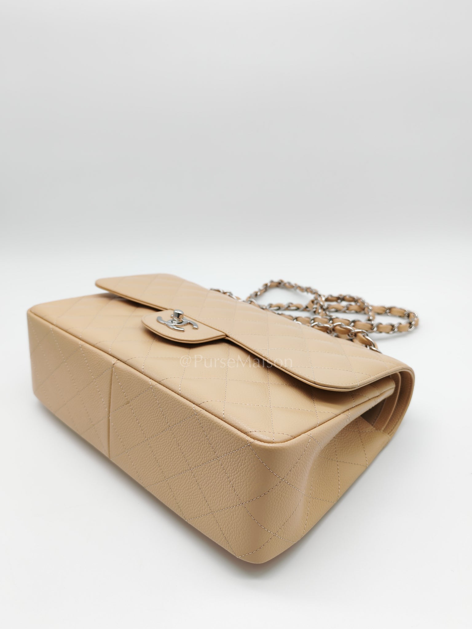Classic Double Flap Jumbo in Beige Claire Caviar Calfskin Leather and Silver Hardware 16 | Purse Maison Luxury Bags Shop