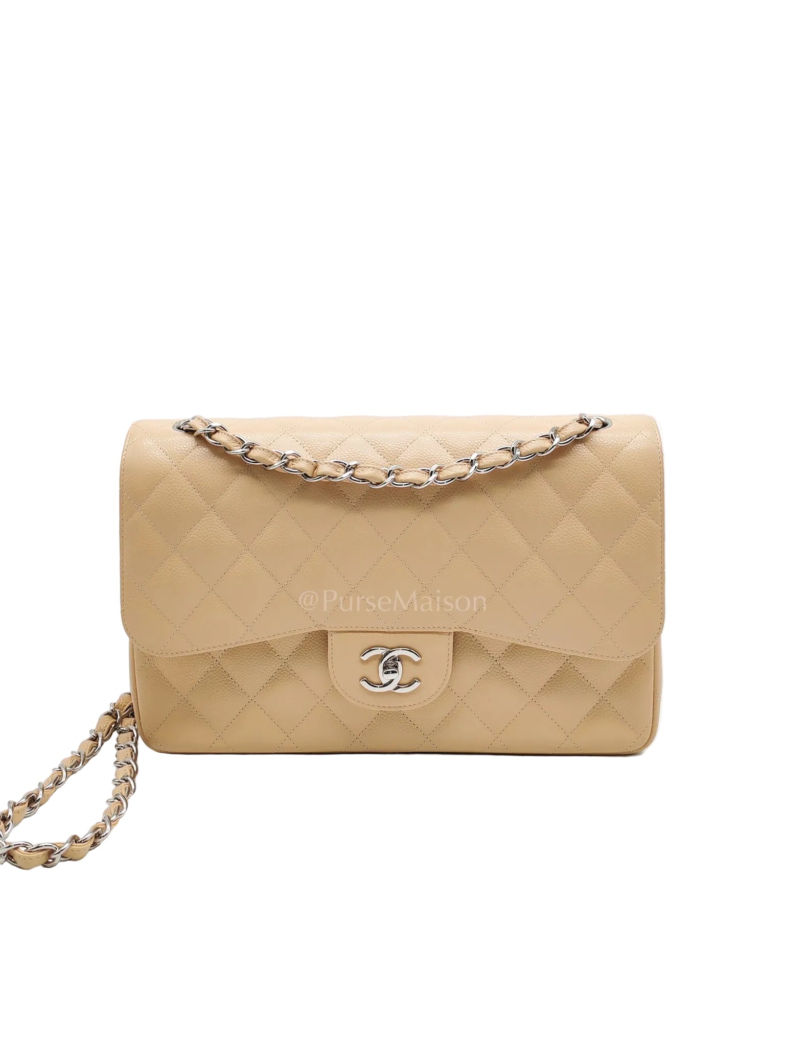 Classic Double Flap Jumbo in Beige Claire Caviar Calfskin Leather and Silver Hardware 16 | Purse Maison Luxury Bags Shop