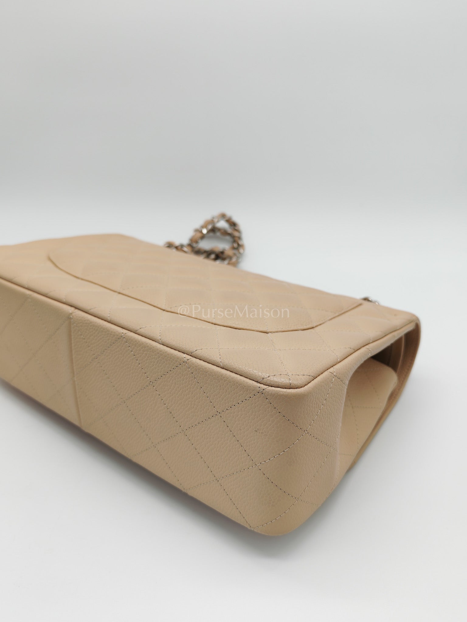 Classic Double Flap Jumbo in Beige Quilted Caviar Leather and Silver Hardware Series 14 | Purse Maison Luxury Bags Shop