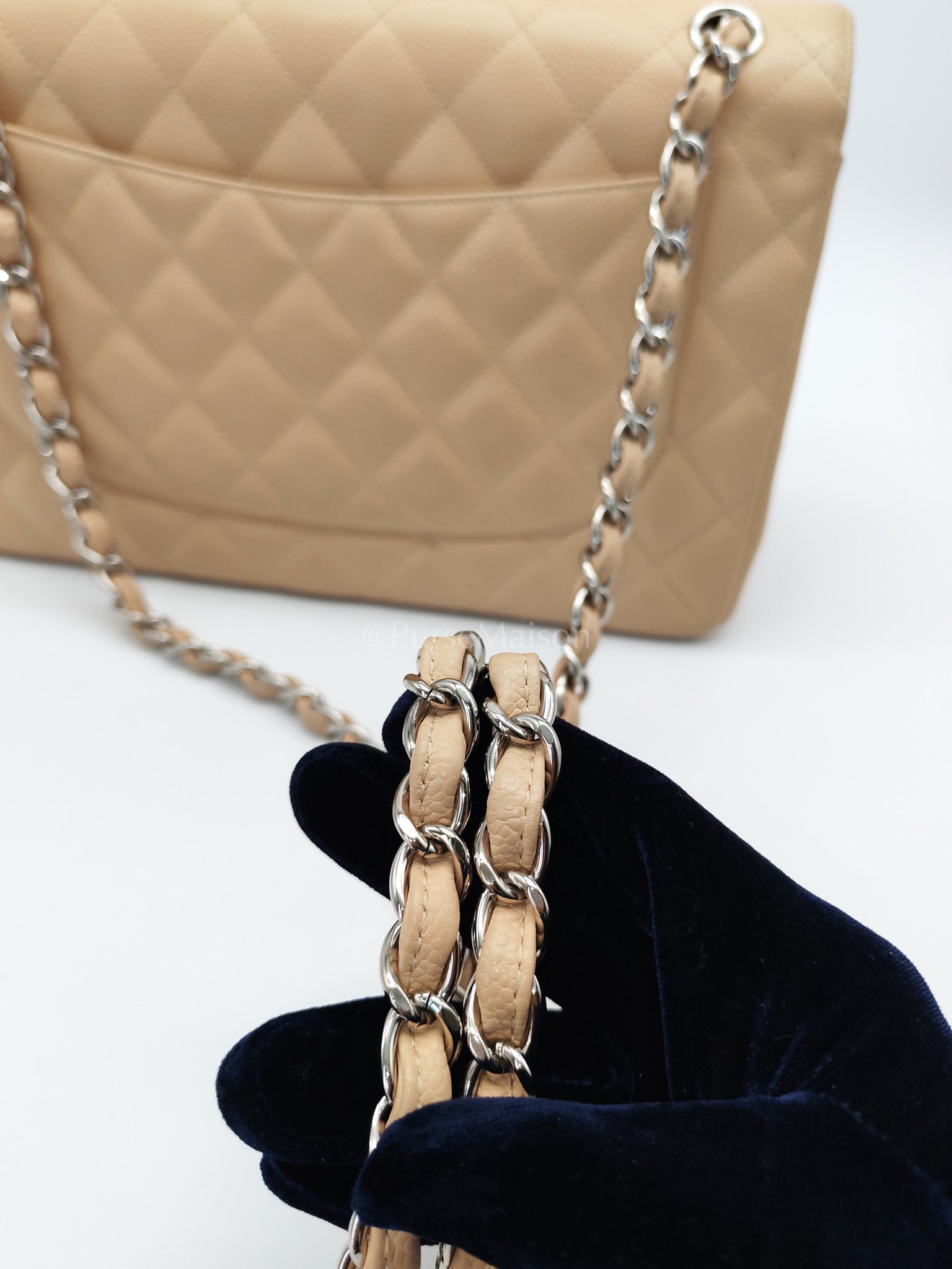 Classic Double Flap Jumbo in Beige Quilted Caviar Leather and Silver Hardware Series 14 | Purse Maison Luxury Bags Shop