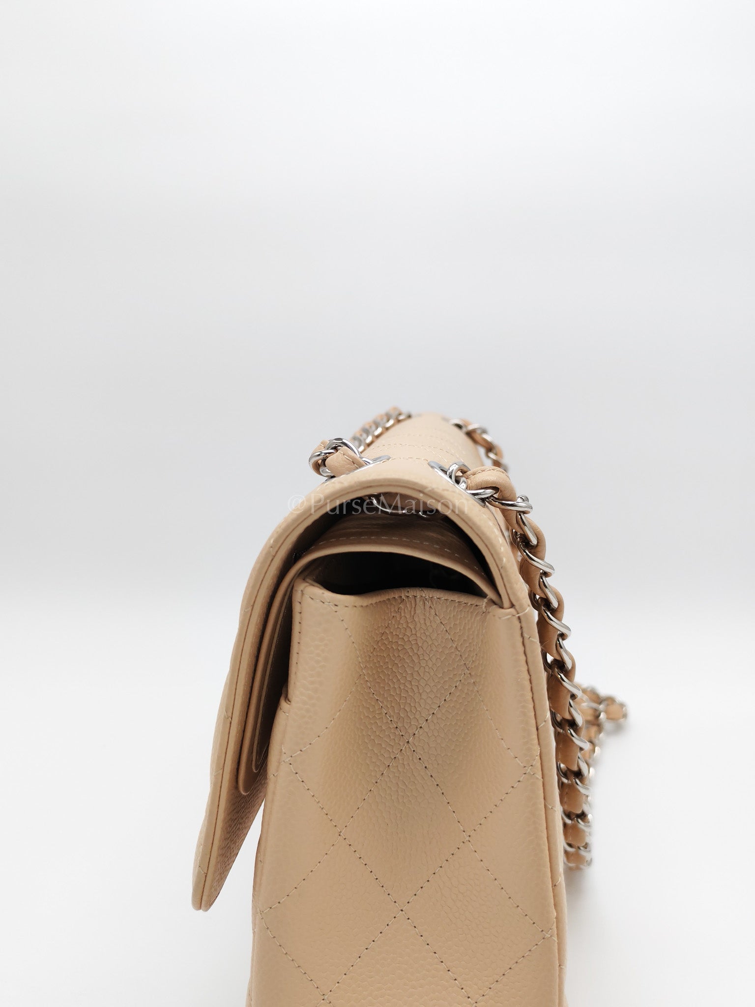 Classic Double Flap Jumbo in Beige Quilted Caviar Leather and Silver Hardware Series 14 | Purse Maison Luxury Bags Shop