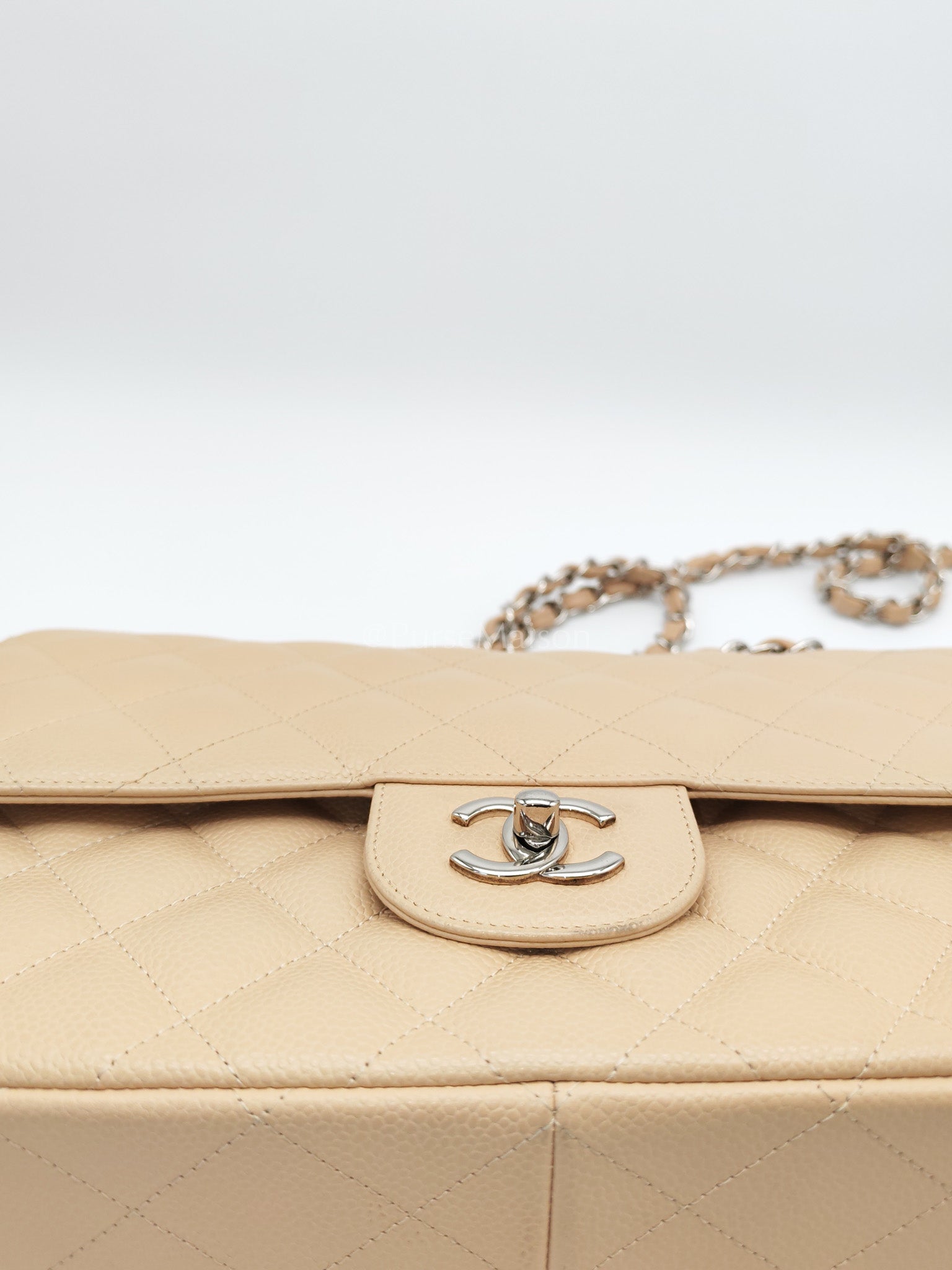 Classic Double Flap Jumbo in Beige Quilted Caviar Leather and Silver Hardware Series 14 | Purse Maison Luxury Bags Shop