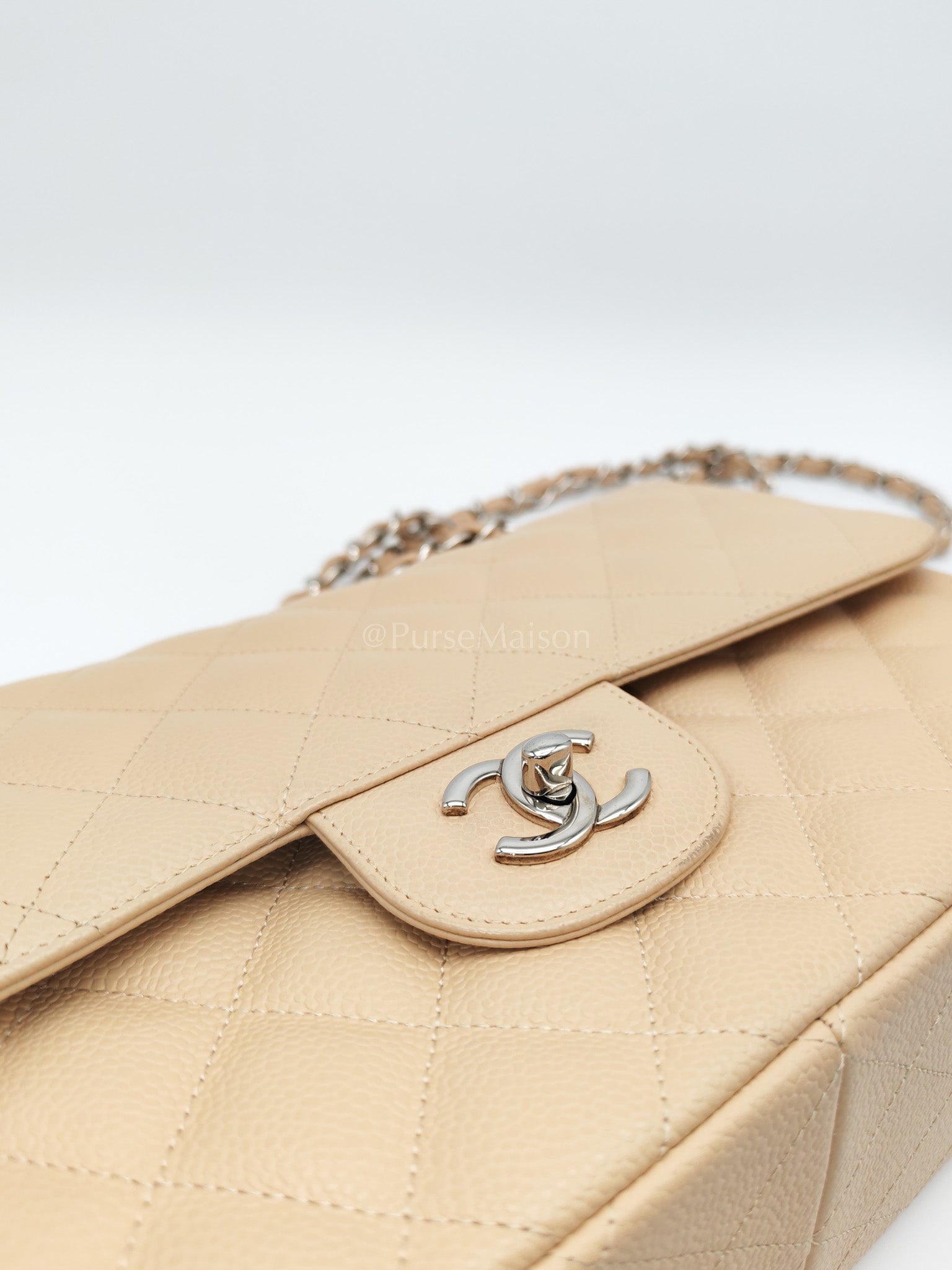 Classic Double Flap Jumbo in Beige Quilted Caviar Leather and Silver Hardware Series 14 | Purse Maison Luxury Bags Shop