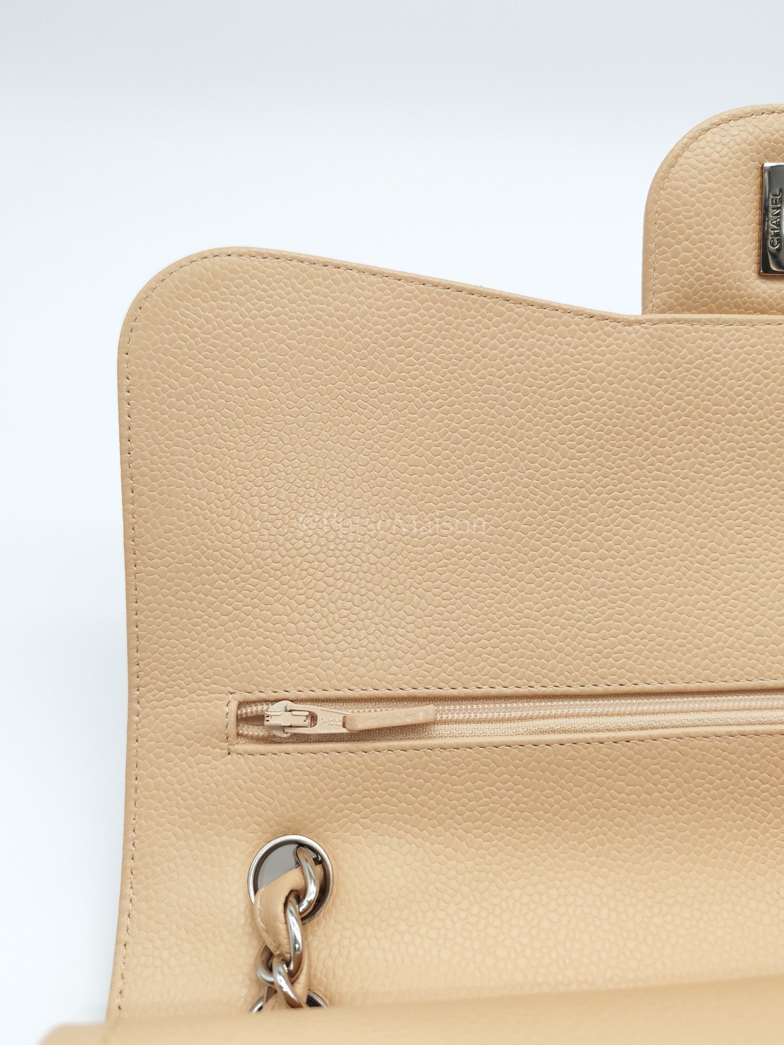 Classic Double Flap Jumbo in Beige Quilted Caviar Leather and Silver Hardware Series 14 | Purse Maison Luxury Bags Shop