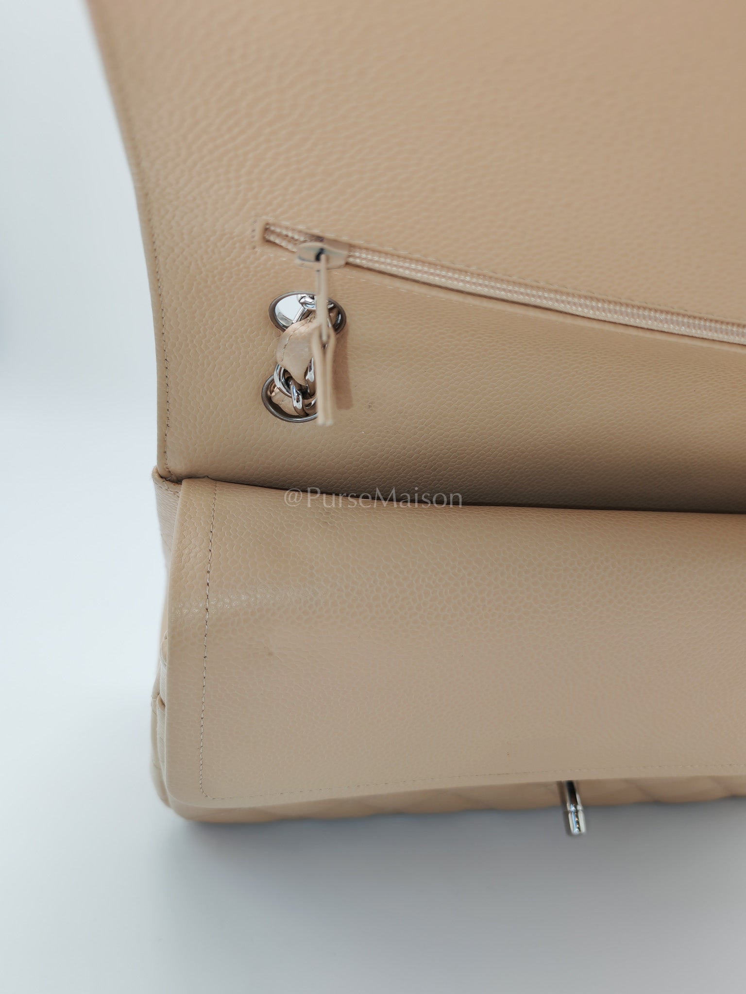 Classic Double Flap Jumbo in Beige Quilted Caviar Leather and Silver Hardware Series 14 | Purse Maison Luxury Bags Shop