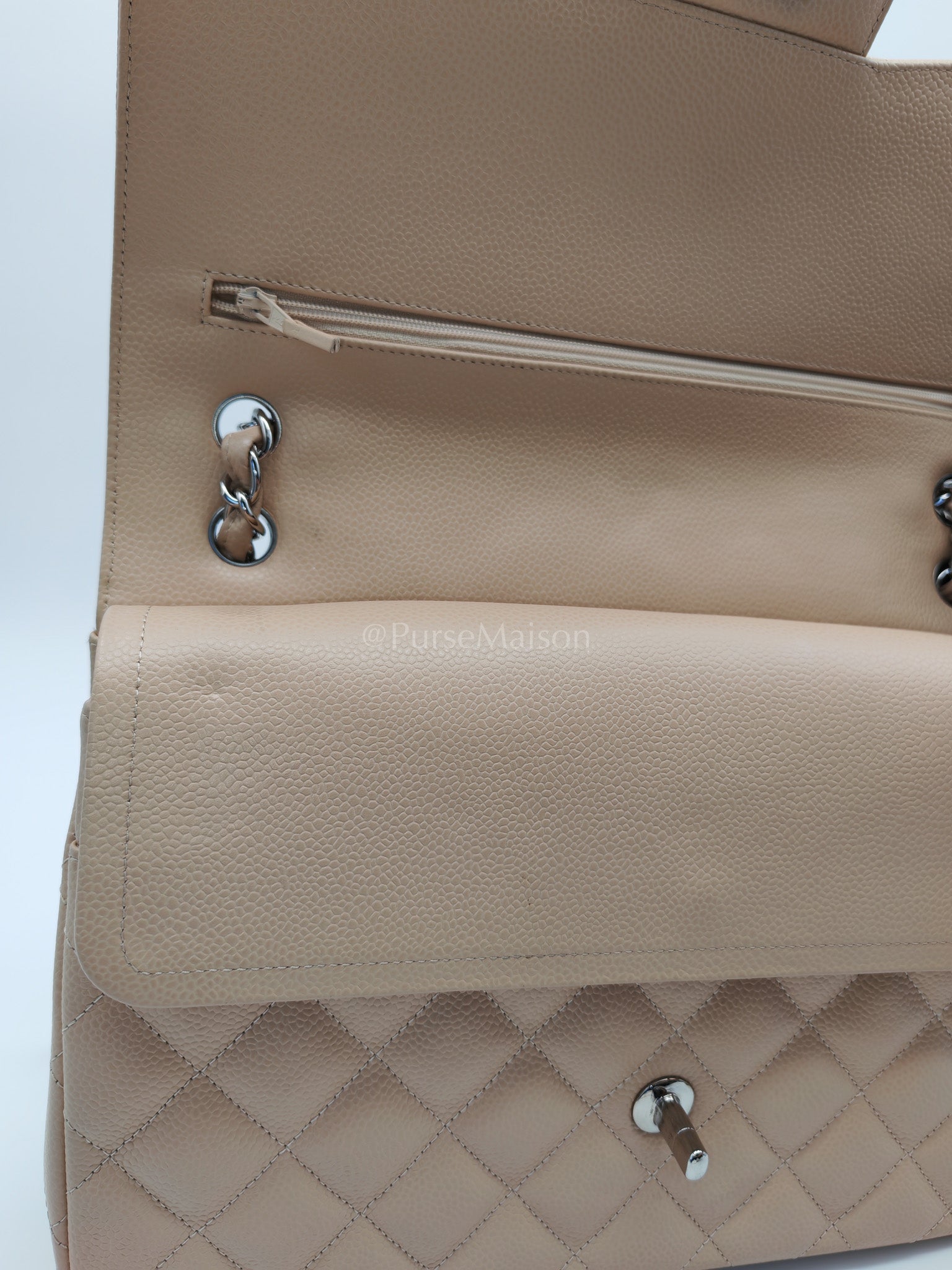 Classic Double Flap Jumbo in Beige Quilted Caviar Leather and Silver Hardware Series 14 | Purse Maison Luxury Bags Shop