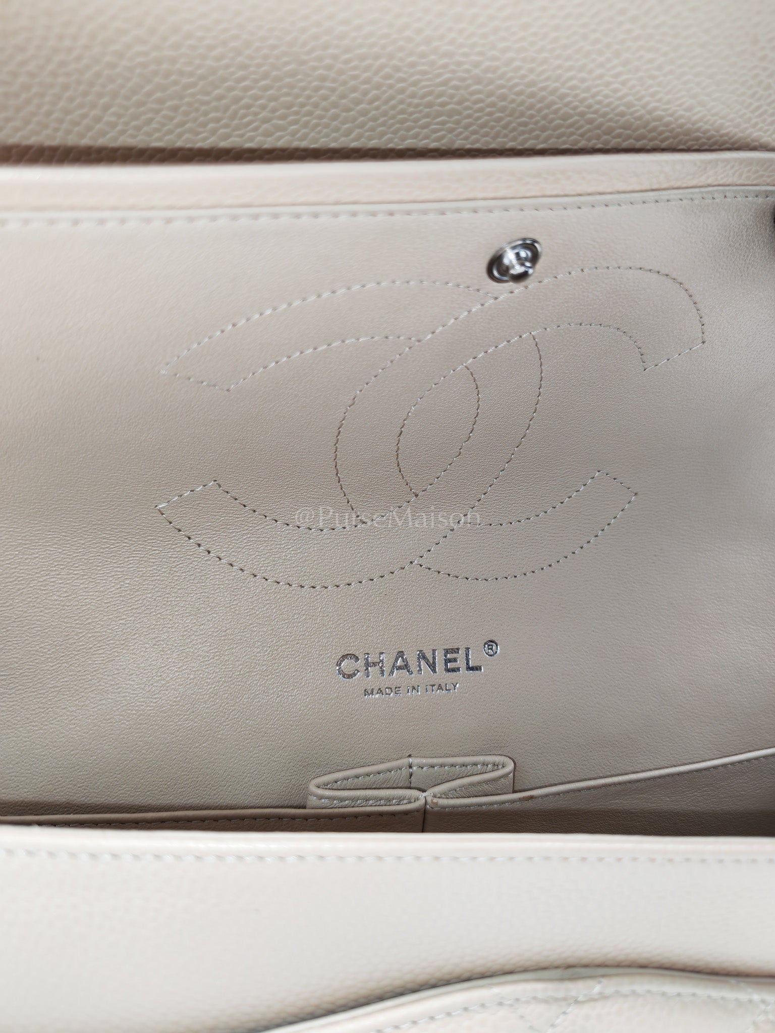 Classic Double Flap Jumbo in Beige Quilted Caviar Leather and Silver Hardware Series 14 | Purse Maison Luxury Bags Shop