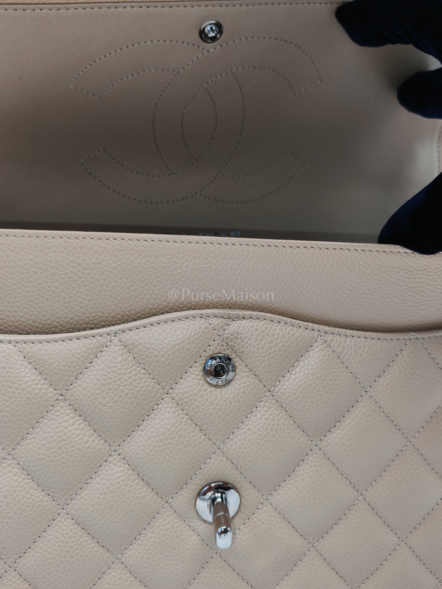 Classic Double Flap Jumbo in Beige Quilted Caviar Leather and Silver Hardware Series 14 | Purse Maison Luxury Bags Shop