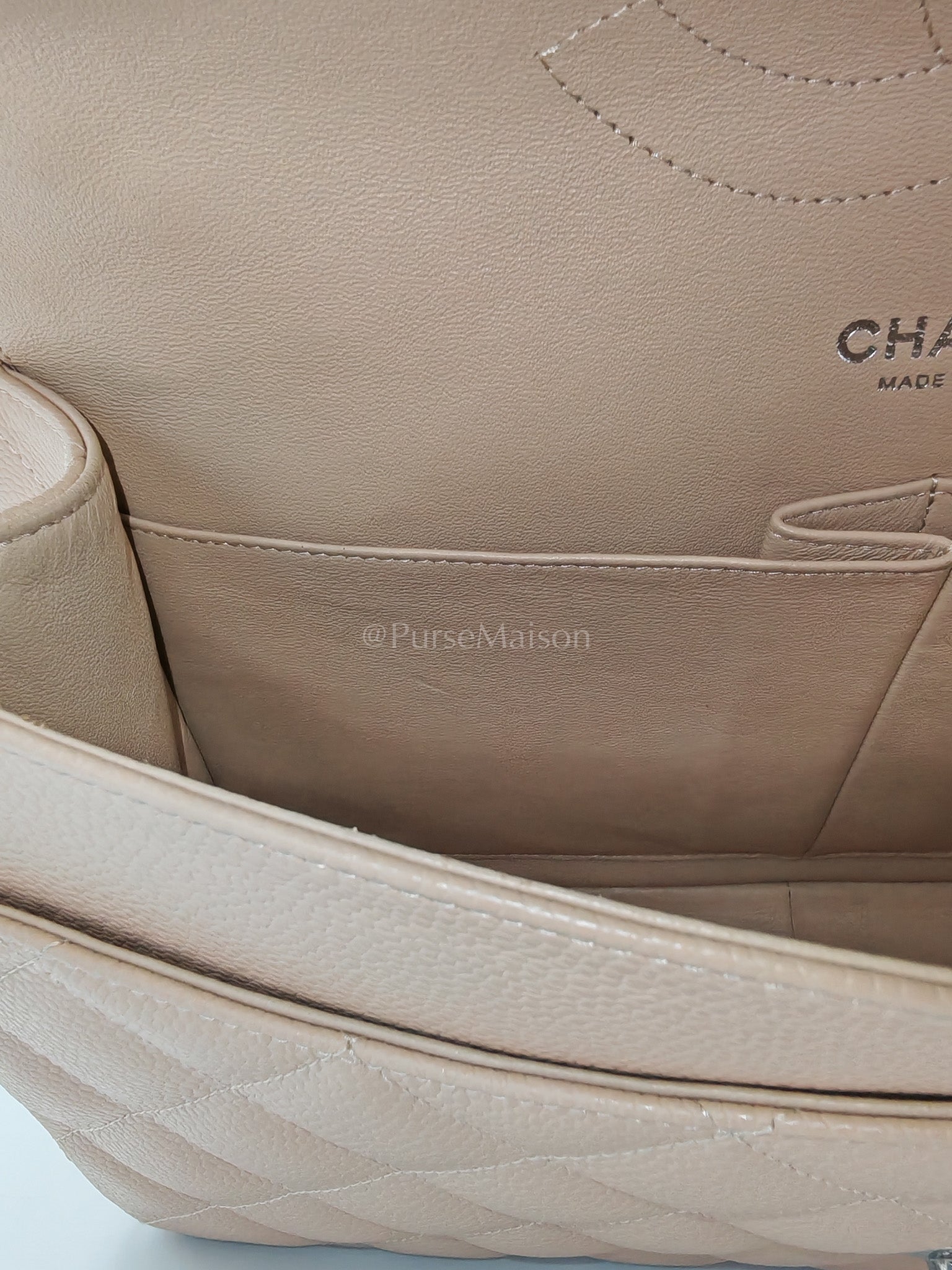 Classic Double Flap Jumbo in Beige Quilted Caviar Leather and Silver Hardware Series 14 | Purse Maison Luxury Bags Shop