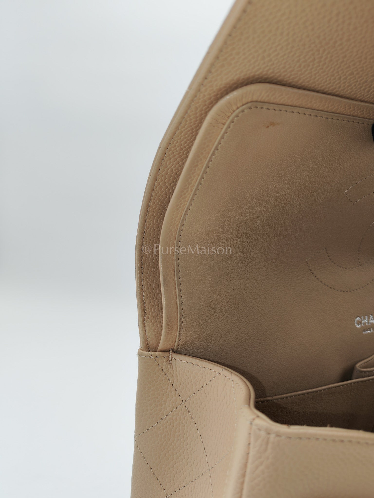 Classic Double Flap Jumbo in Beige Quilted Caviar Leather and Silver Hardware Series 14 | Purse Maison Luxury Bags Shop