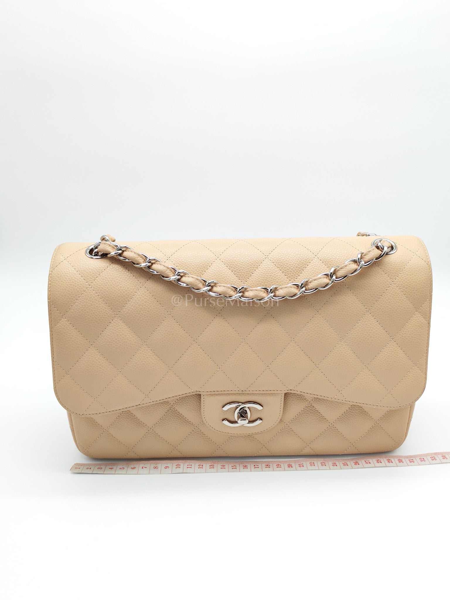 Classic Double Flap Jumbo in Beige Quilted Caviar Leather and Silver Hardware Series 14 | Purse Maison Luxury Bags Shop