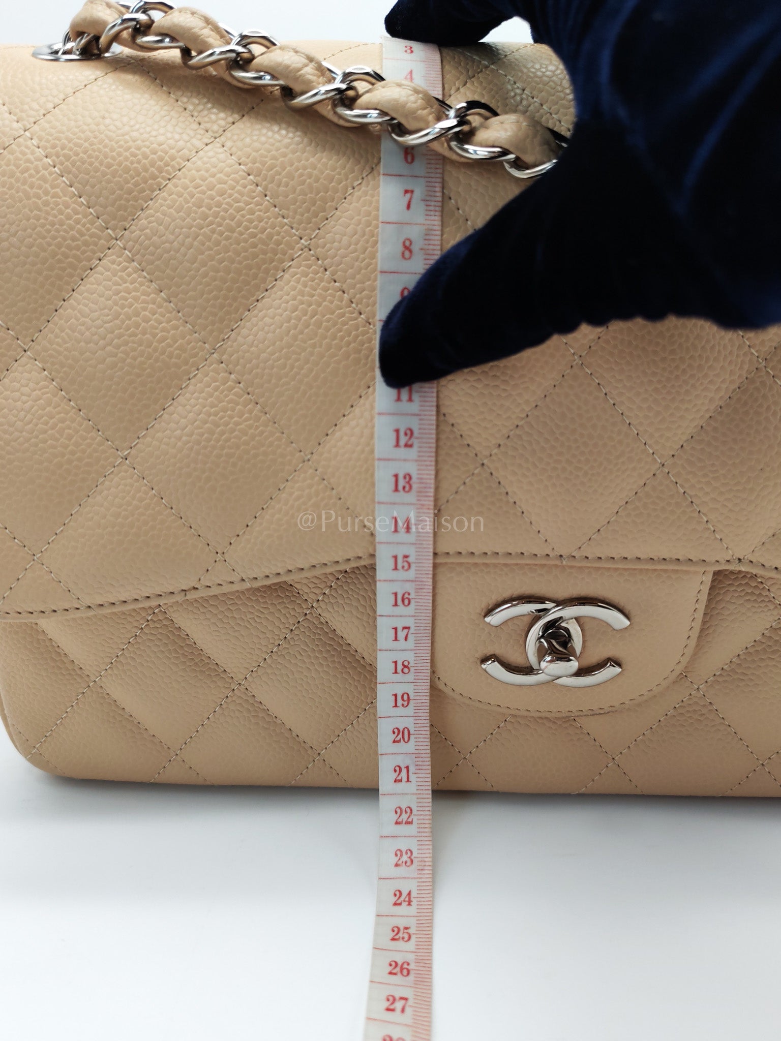 Classic Double Flap Jumbo in Beige Quilted Caviar Leather and Silver Hardware Series 14 | Purse Maison Luxury Bags Shop