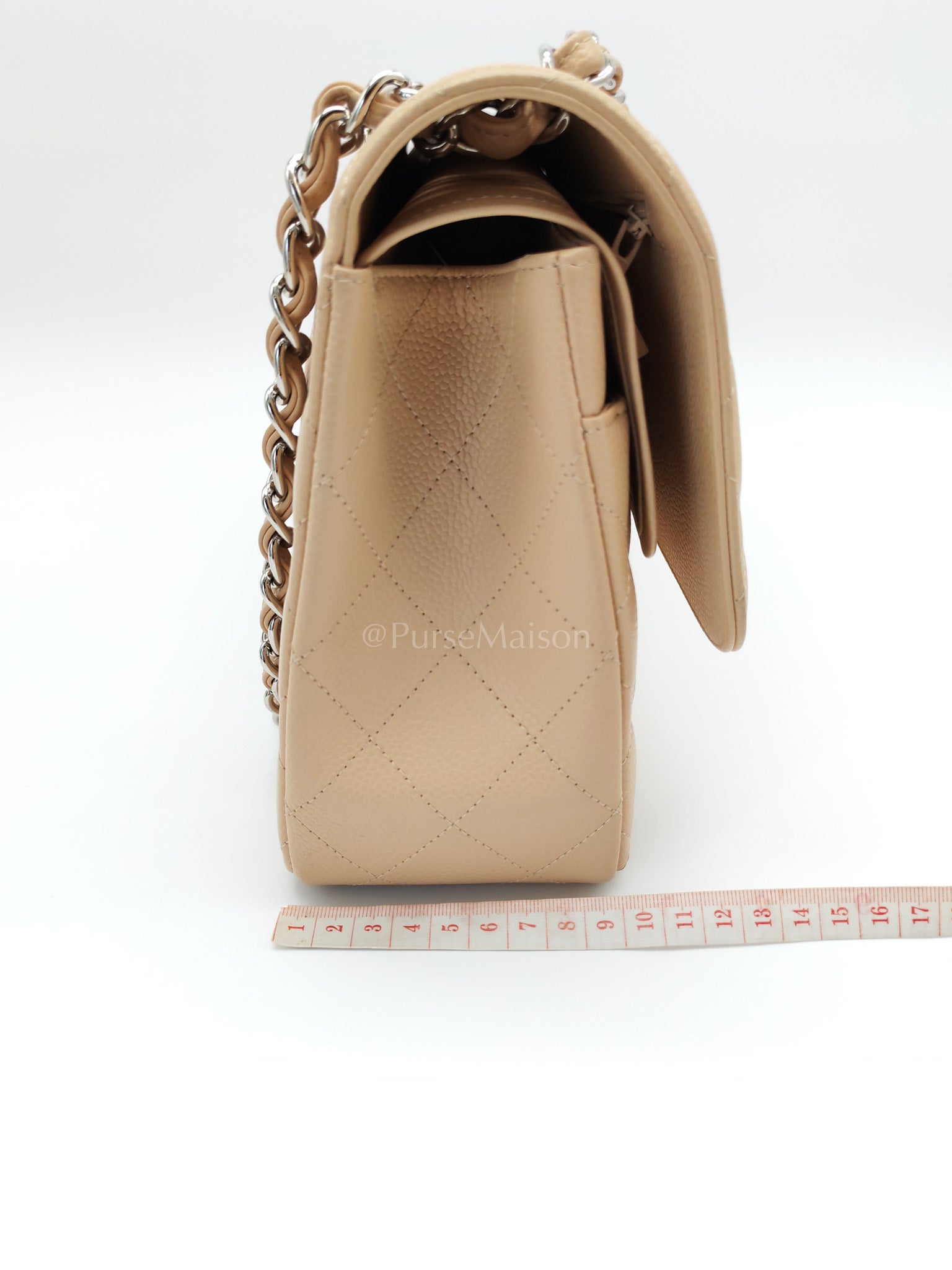 Classic Double Flap Jumbo in Beige Quilted Caviar Leather and Silver Hardware Series 14 | Purse Maison Luxury Bags Shop