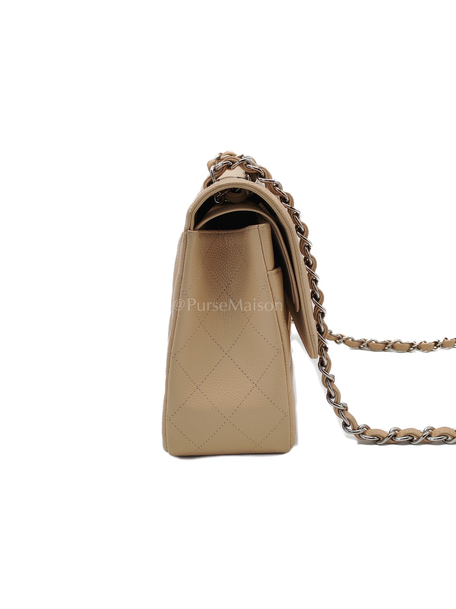 Classic Double Flap Jumbo in Beige Quilted Caviar Leather and Silver Hardware Series 14 | Purse Maison Luxury Bags Shop