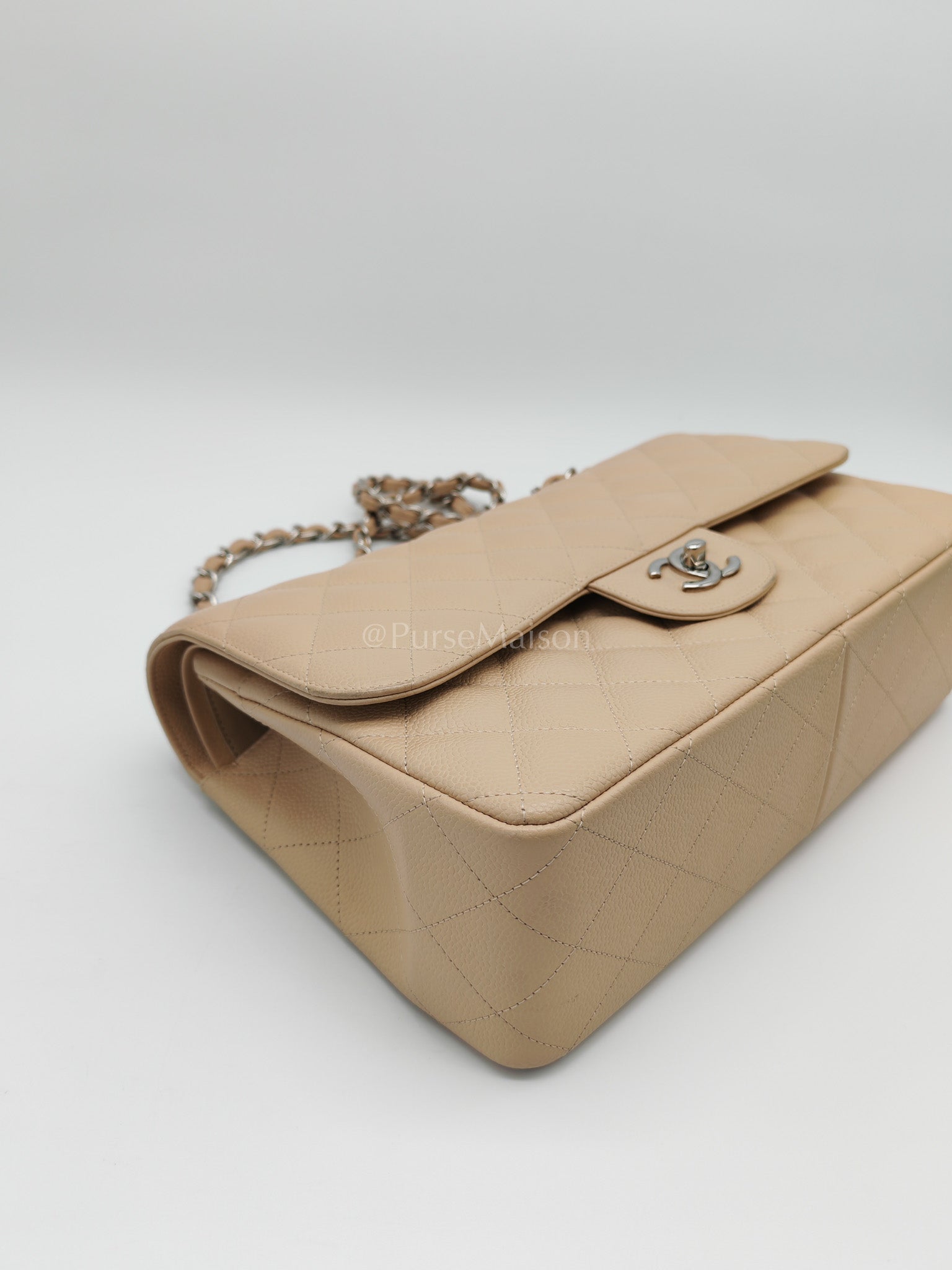 Classic Double Flap Jumbo in Beige Quilted Caviar Leather and Silver Hardware Series 14 | Purse Maison Luxury Bags Shop