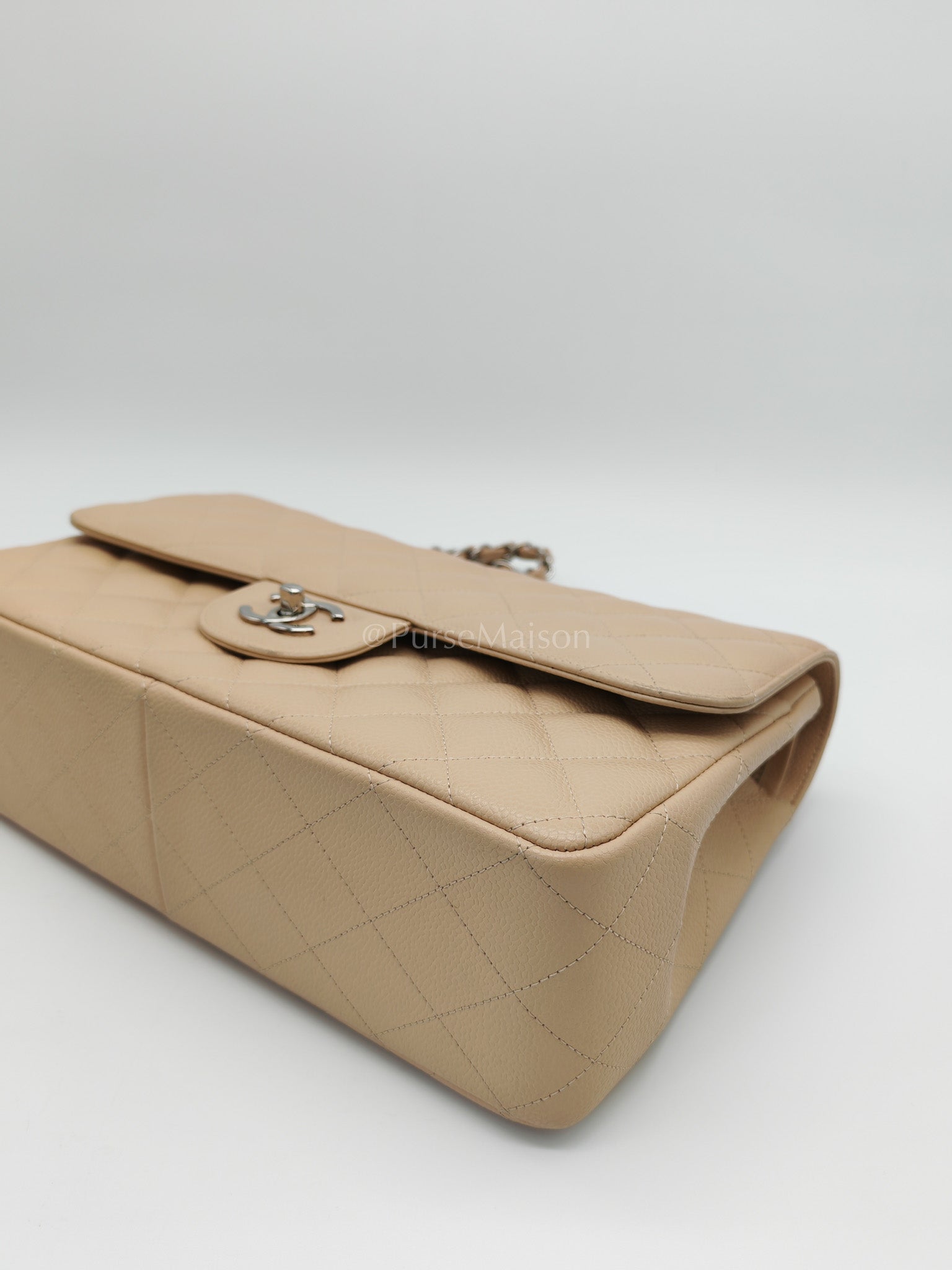 Classic Double Flap Jumbo in Beige Quilted Caviar Leather and Silver Hardware Series 14 | Purse Maison Luxury Bags Shop