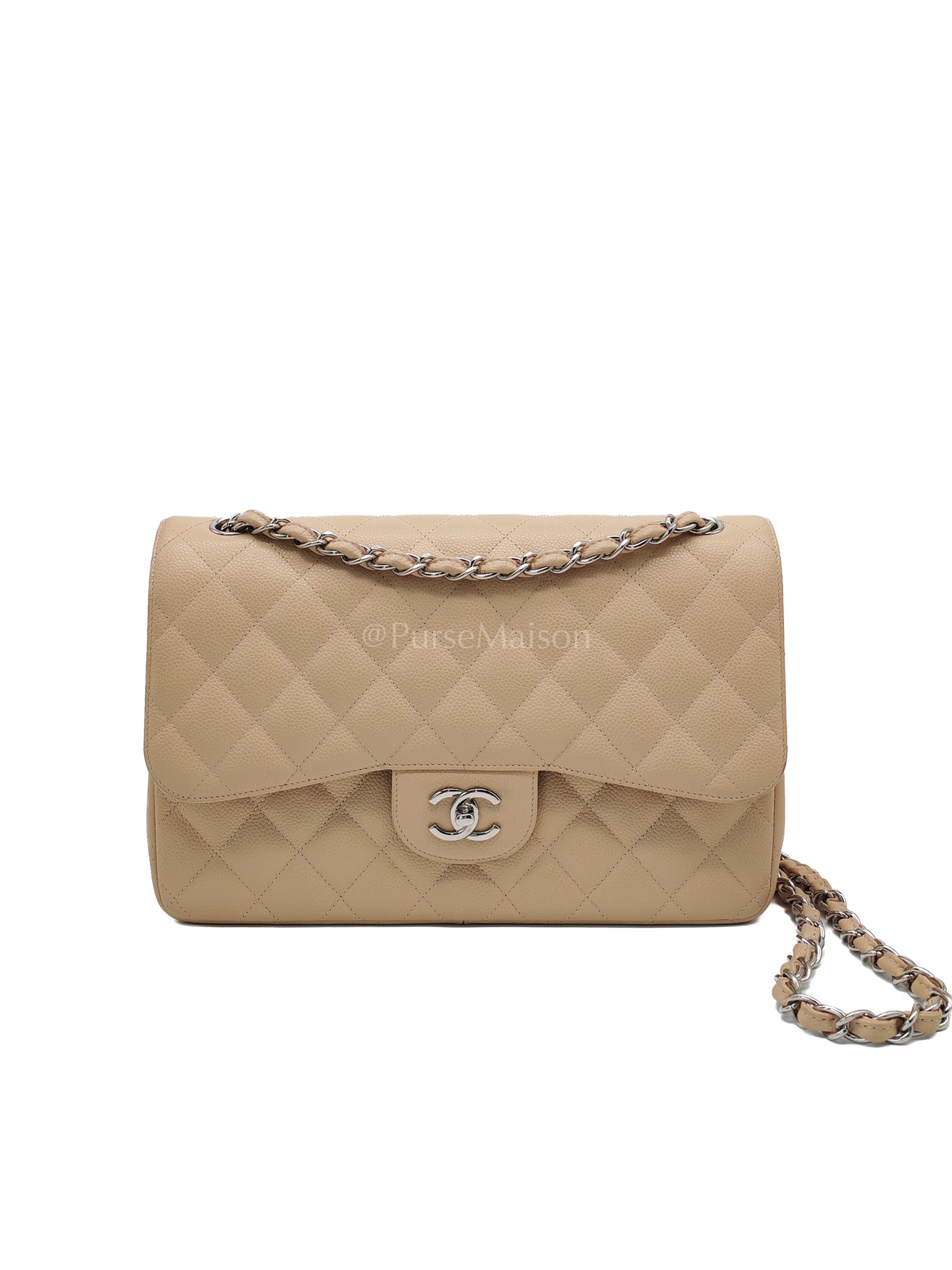 Classic Double Flap Jumbo in Beige Quilted Caviar Leather and Silver Hardware Series 14 | Purse Maison Luxury Bags Shop